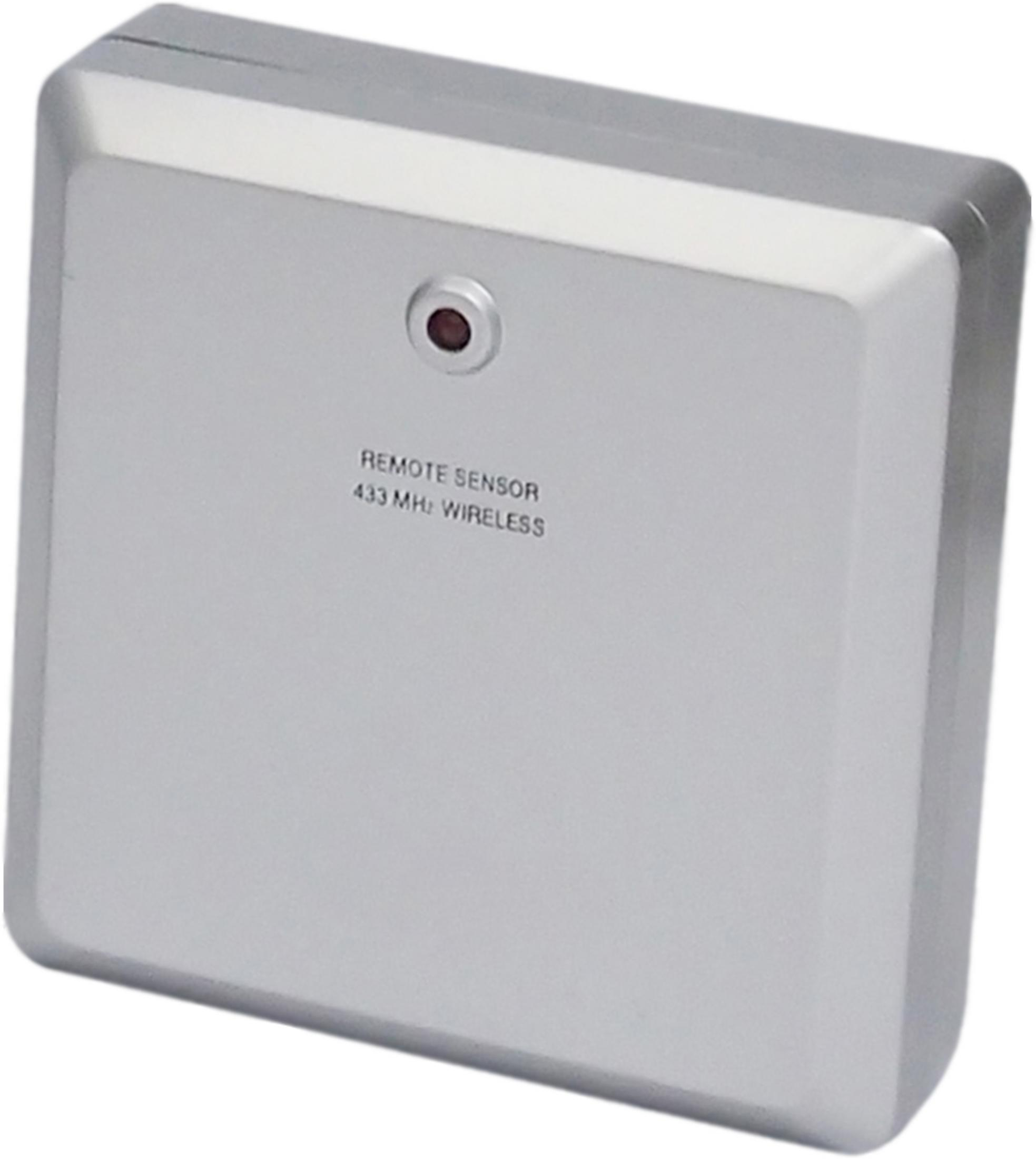 Un sensore remoto argentato con la scritta 'REMOTE SENSOR 433 MHz WIRELESS' e una luce rossa.