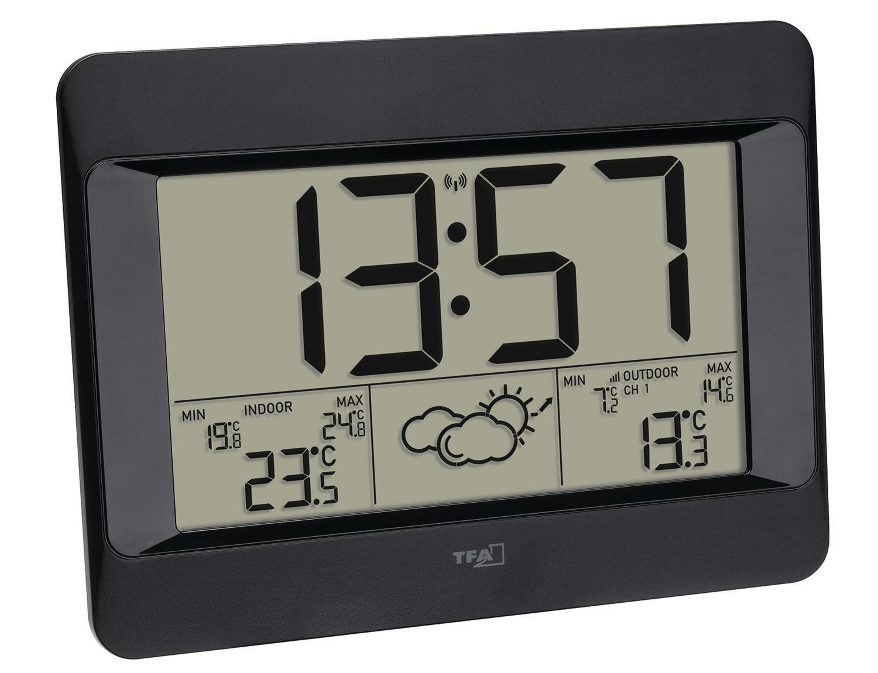 Eine schwarze Digitaluhr, die Zeit, Temperatur und Wetterbedingungen anzeigt, mit schwarzem Rahmen.