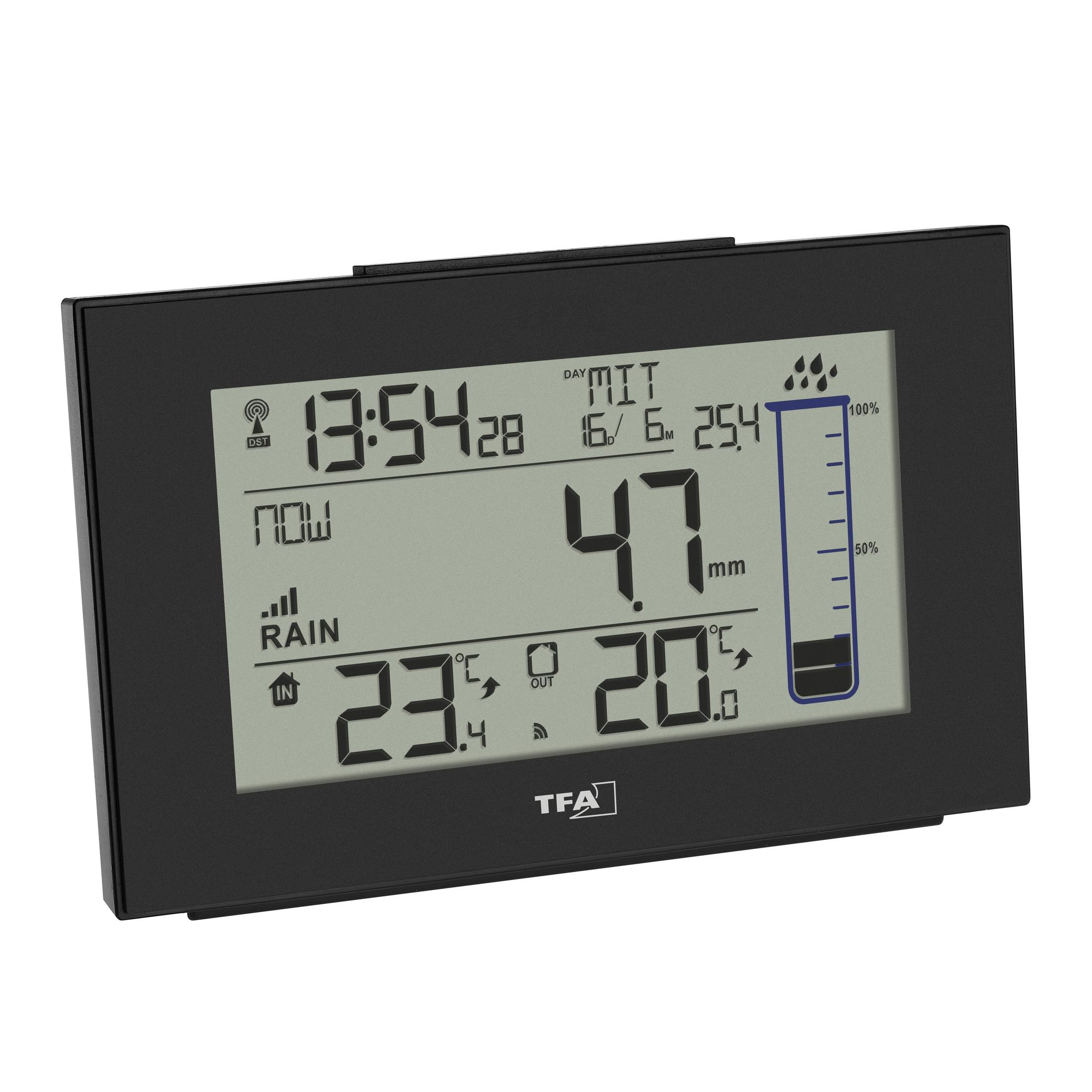 Digitale Wetterstation mit Anzeige von Zeit, Temperatur, Luftfeuchtigkeit und Niederschlag.