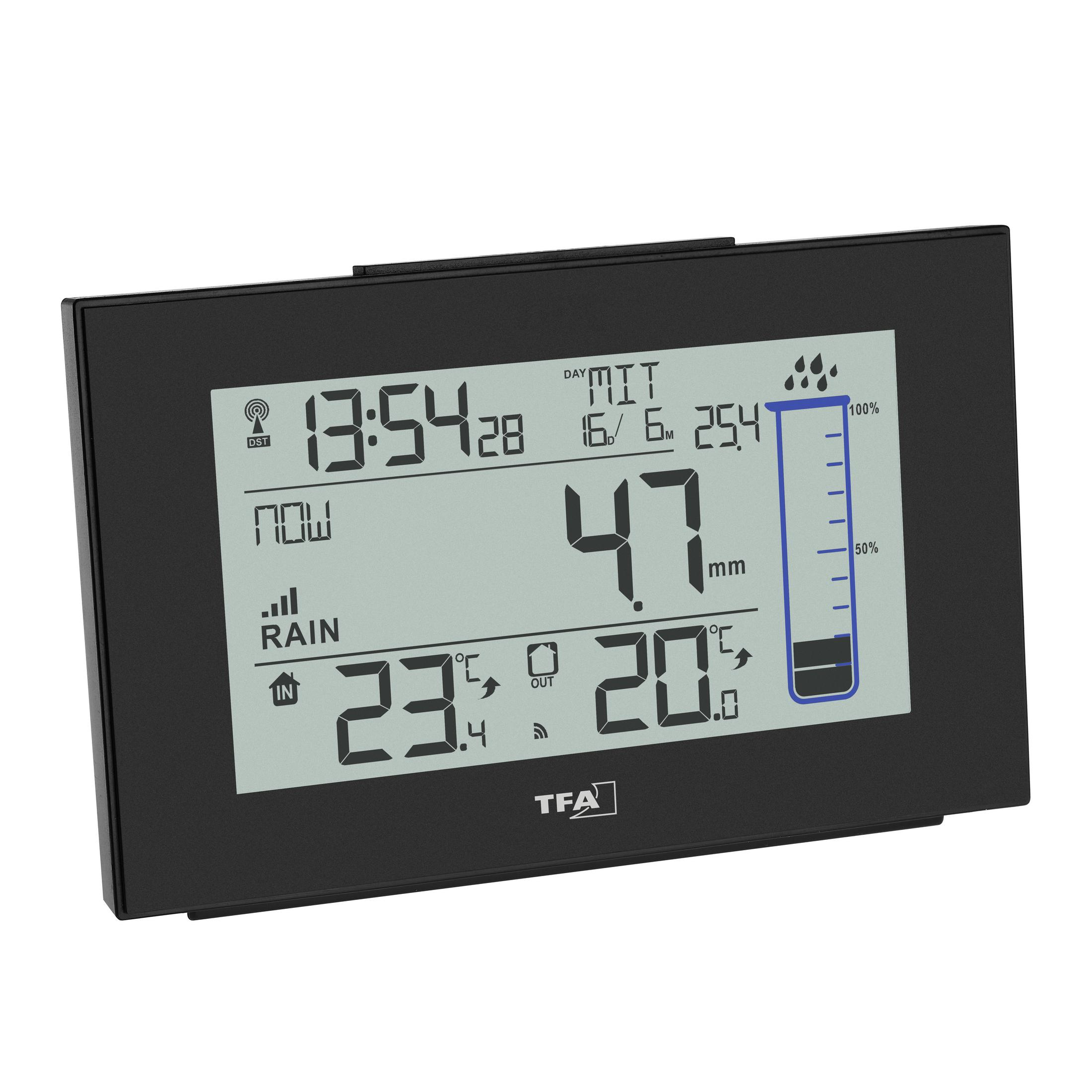 Schwarze Wetterstation mit Anzeige von Uhrzeit, Temperatur und Niederschlagsmessungen.