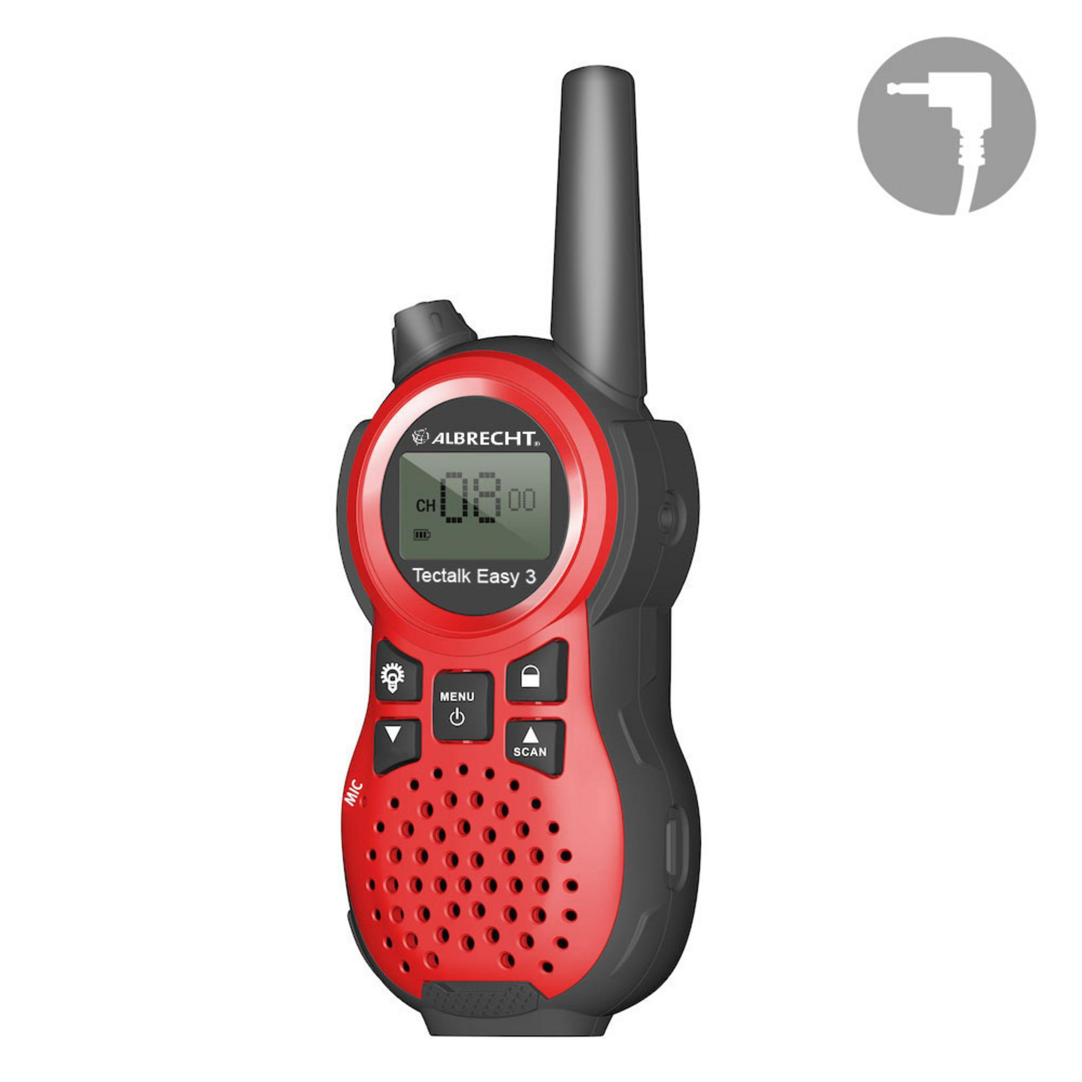Walkie-talkie rosso e nero con schermo e pulsanti. Ha un'antenna.