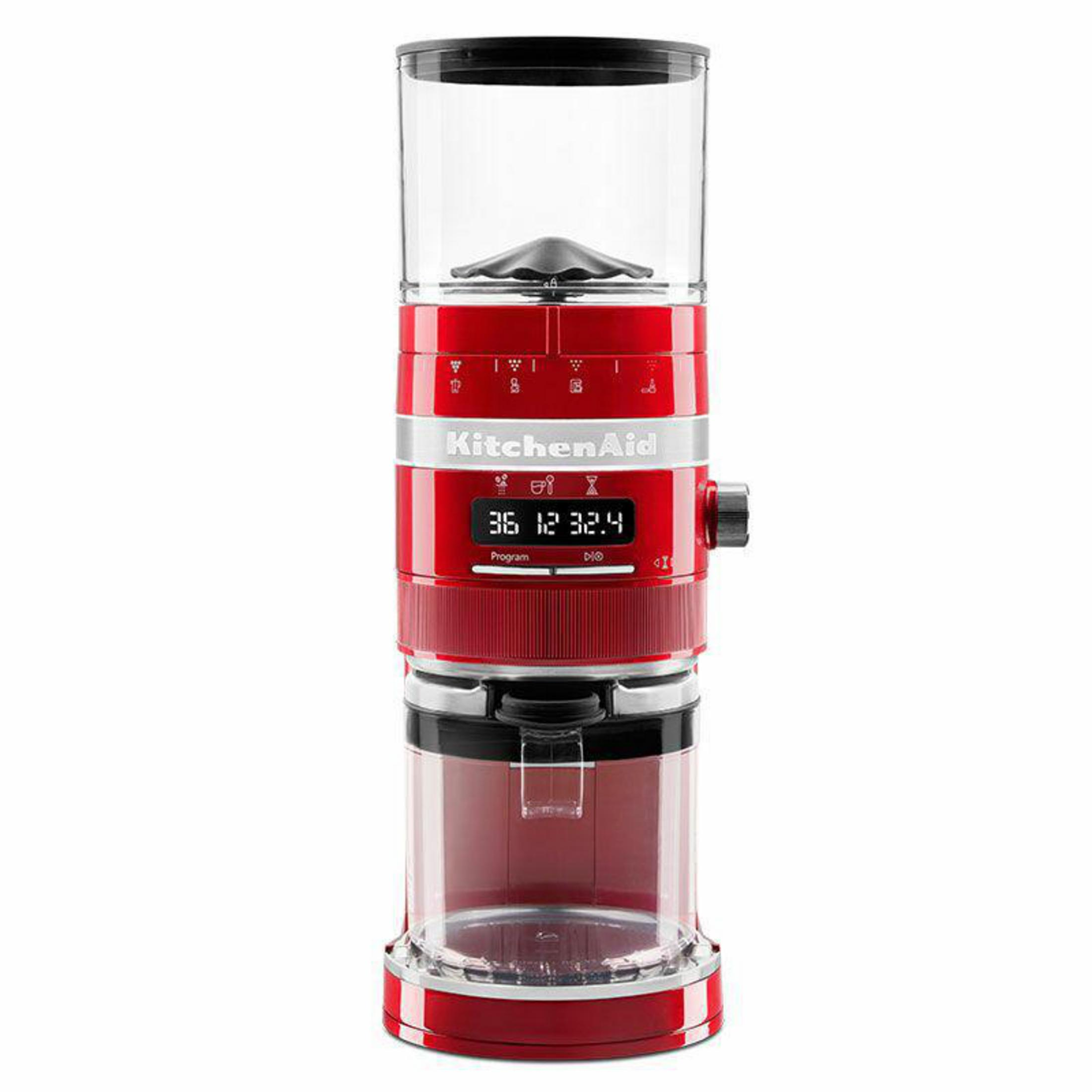 Roter KitchenAid Kaffeemühle. Klare obere und untere Kammern. Digitalanzeige zeigt 36:12.4. Schwarzes Zifferblatt.