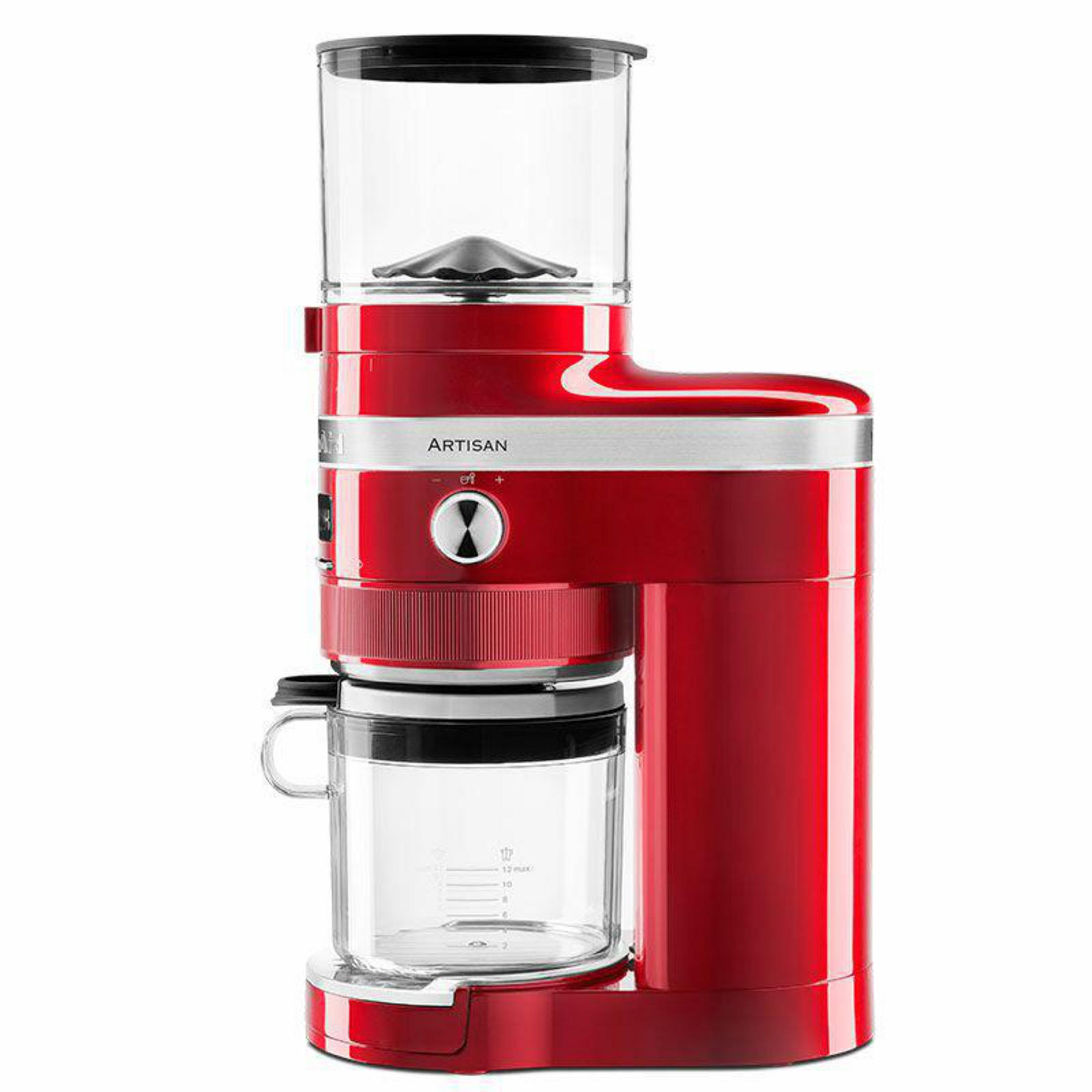 Rote Artisan Kaffeemühle mit durchsichtigem Deckel, Glasbehälter und Tassenhalter.