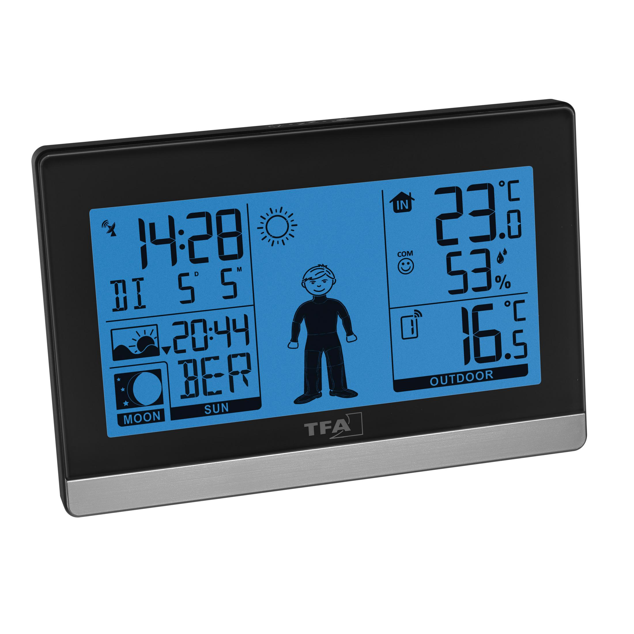 Schwarze digitale Wetterstation. Zeigt Zeit, Datum, Innen-/Außentemperatur und Luftfeuchtigkeit.