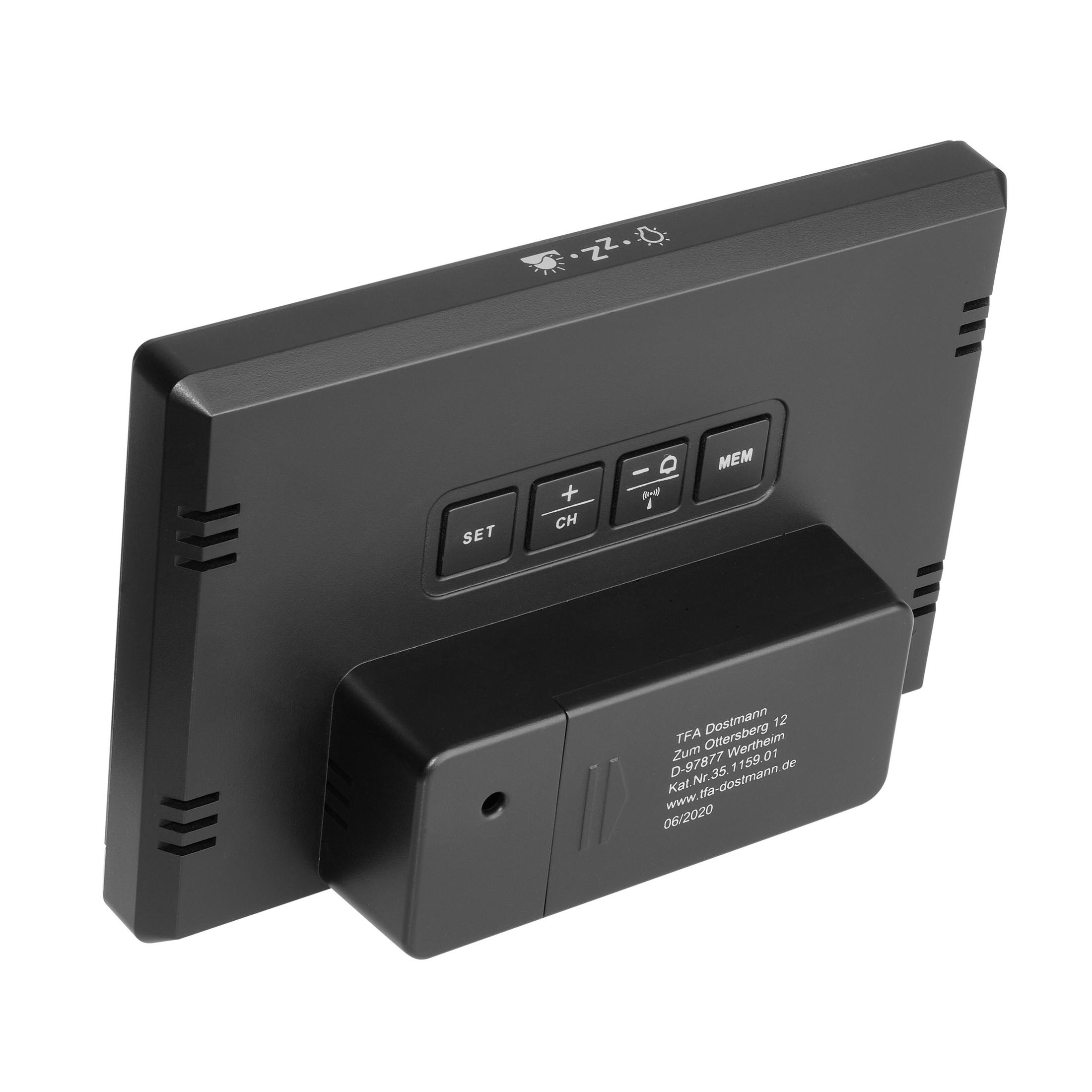 Eine schwarze Digitaluhr mit Knöpfen und einem kleinen schwarzen Sensor hinten.