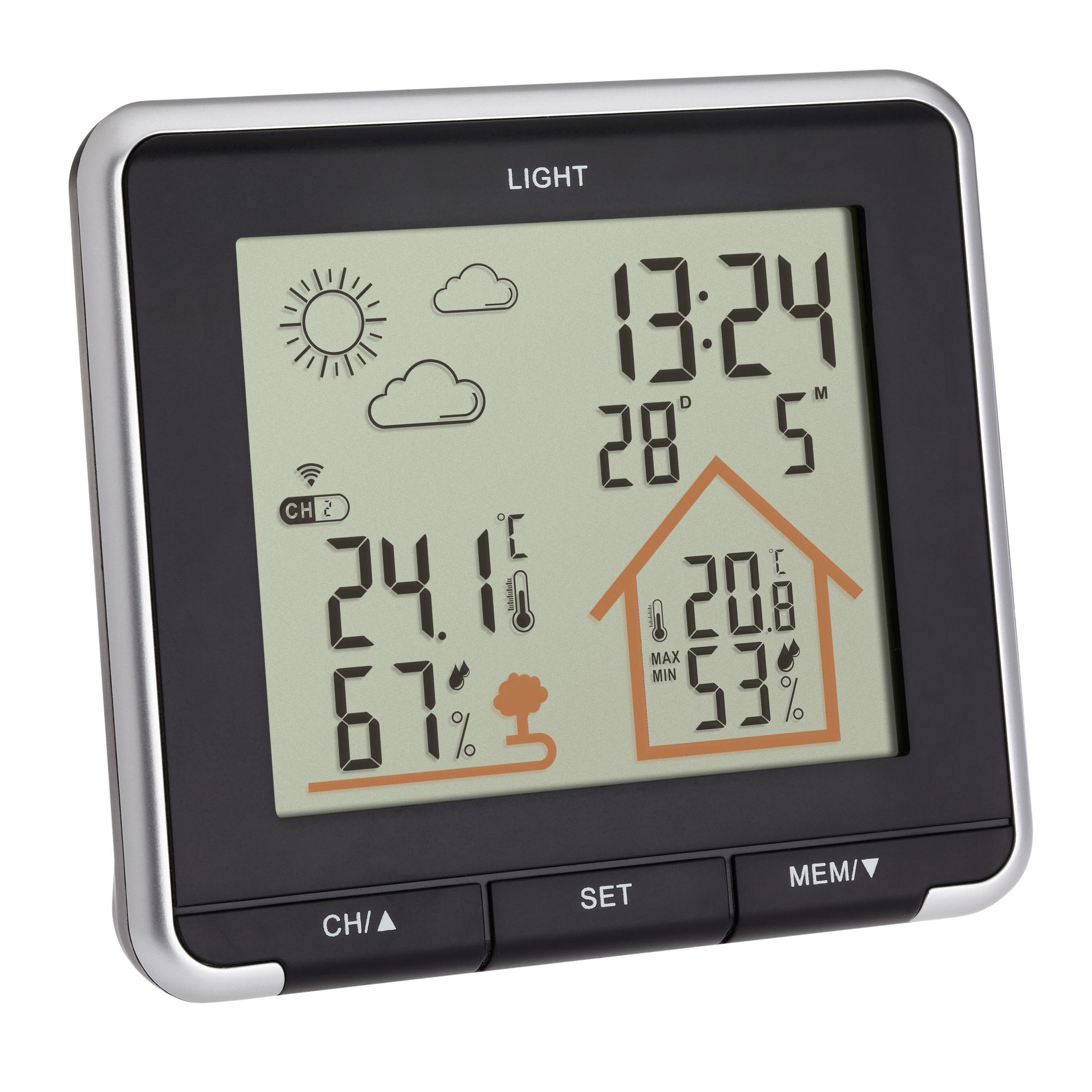 Digitale Wetterstation mit Anzeige von Zeit, Temperatur und Wettersymbolen.