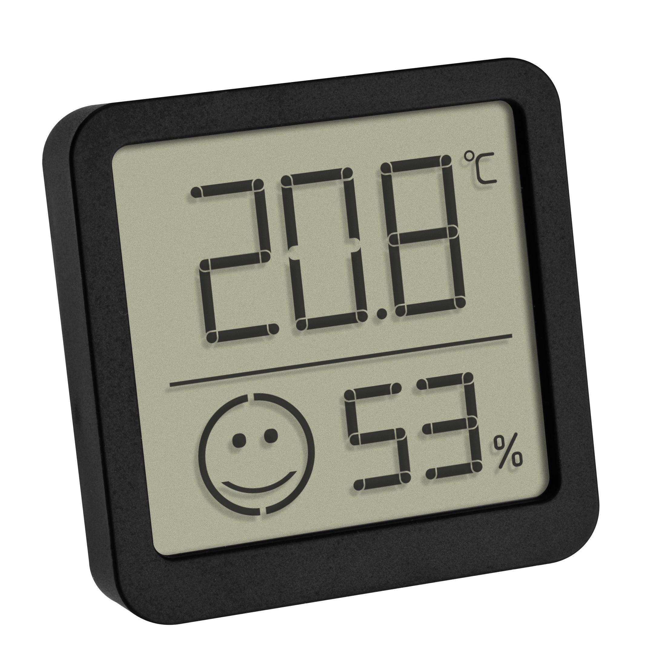 Schwarzes Digitalthermometer zeigt 20,8°C und 53% Luftfeuchtigkeit mit einem Smiley-Symbol.