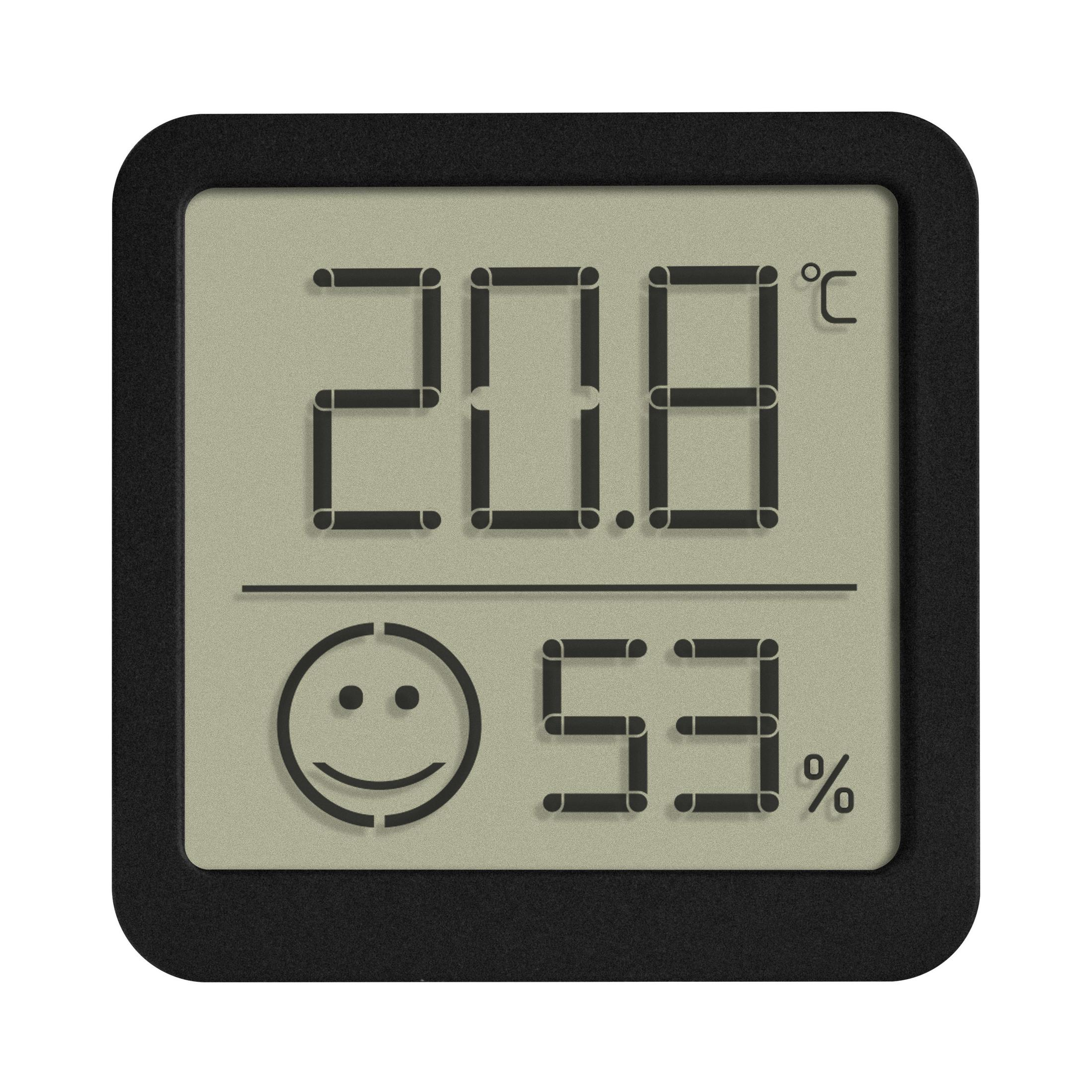 Digitales Thermometer mit 20,8°C und 53% Luftfeuchtigkeit und Smiley.