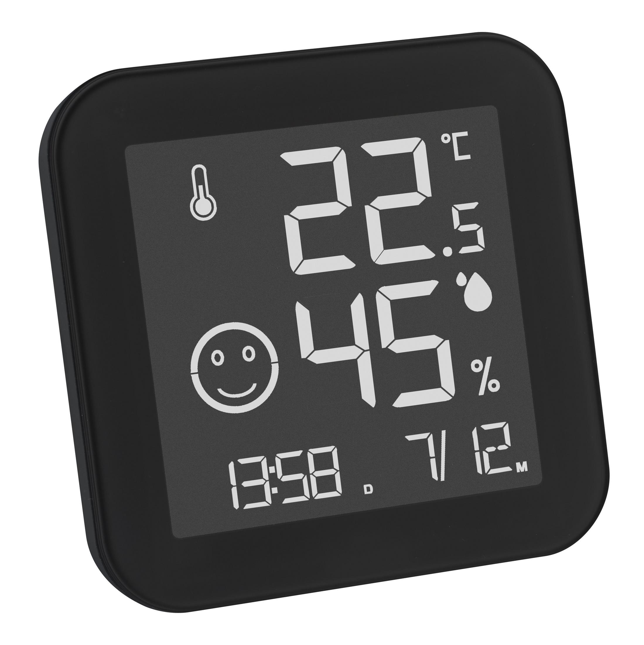 Schwarzes digitales Thermometer mit Temperatur, Luftfeuchtigkeit, Zeit und Smiley. Schwarzer Rahmen.