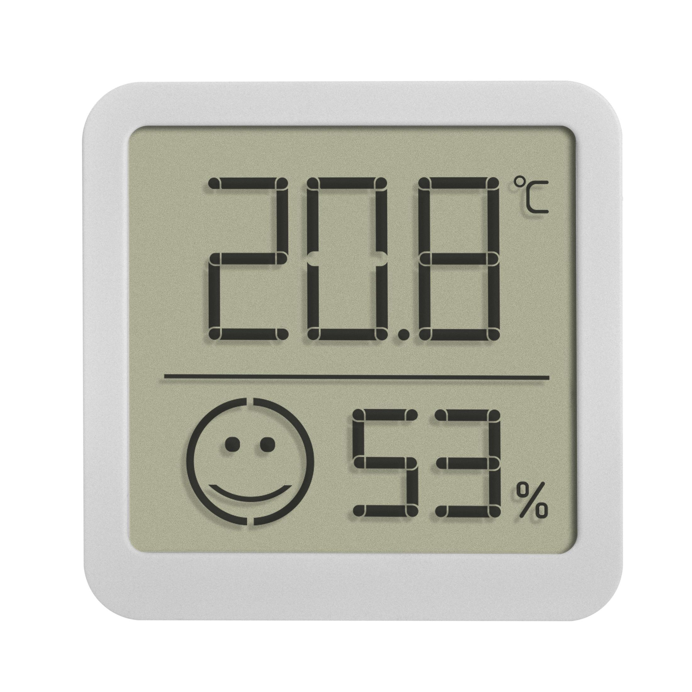 Weißes Digitalthermometer mit 20,8°C und 53% Luftfeuchtigkeit und Smiley.