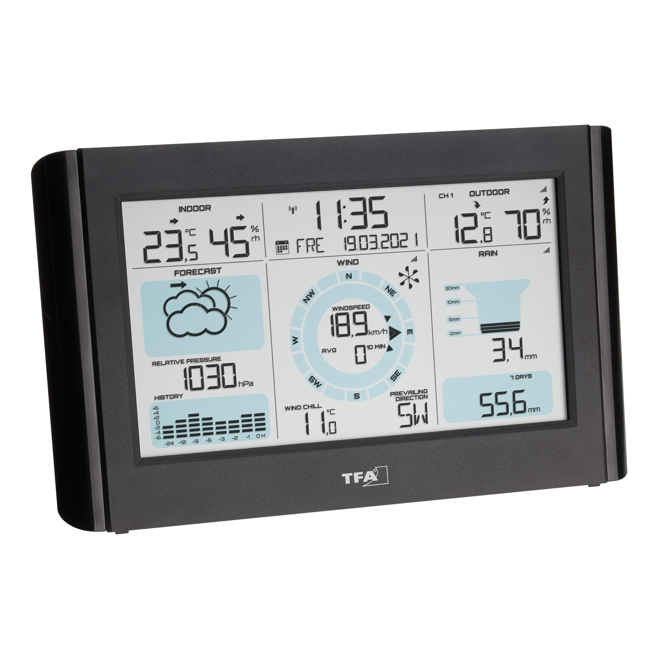 Schwarze Wetterstation mit Datenanzeige. Zeigt Innen- und Außentemperaturen, Wind- und Regendaten.