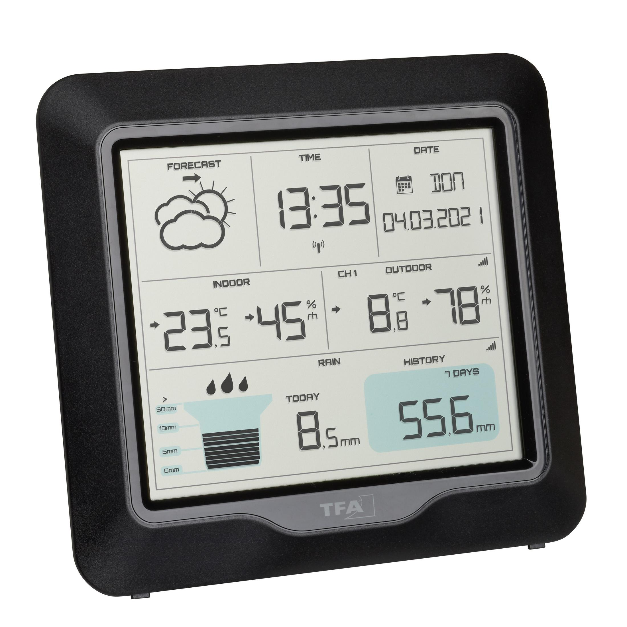 Schwarze Wetterstation mit Anzeige von Zeit, Datum und Vorhersage.