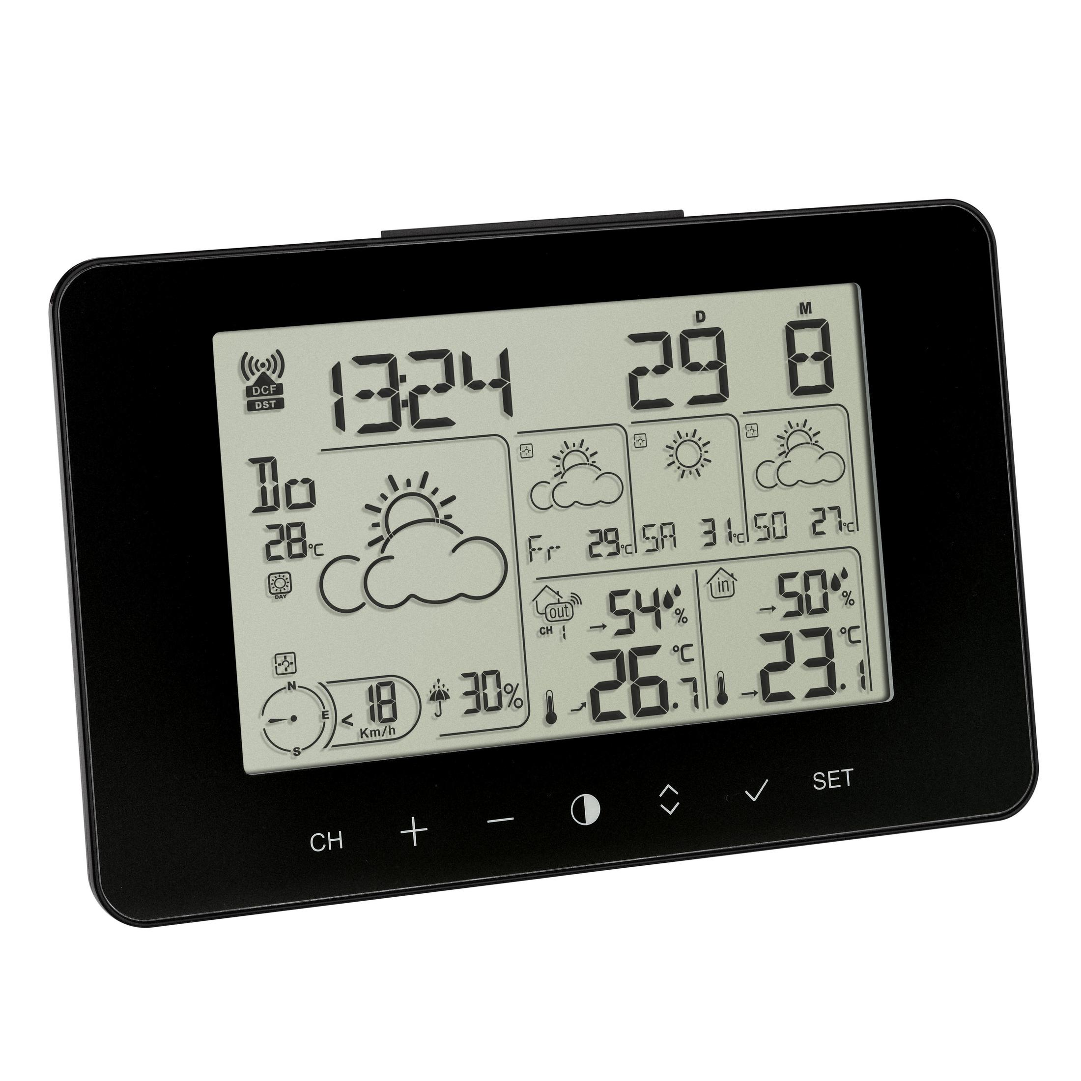 Stazione meteorologica digitale con data, ora e icone meteo.