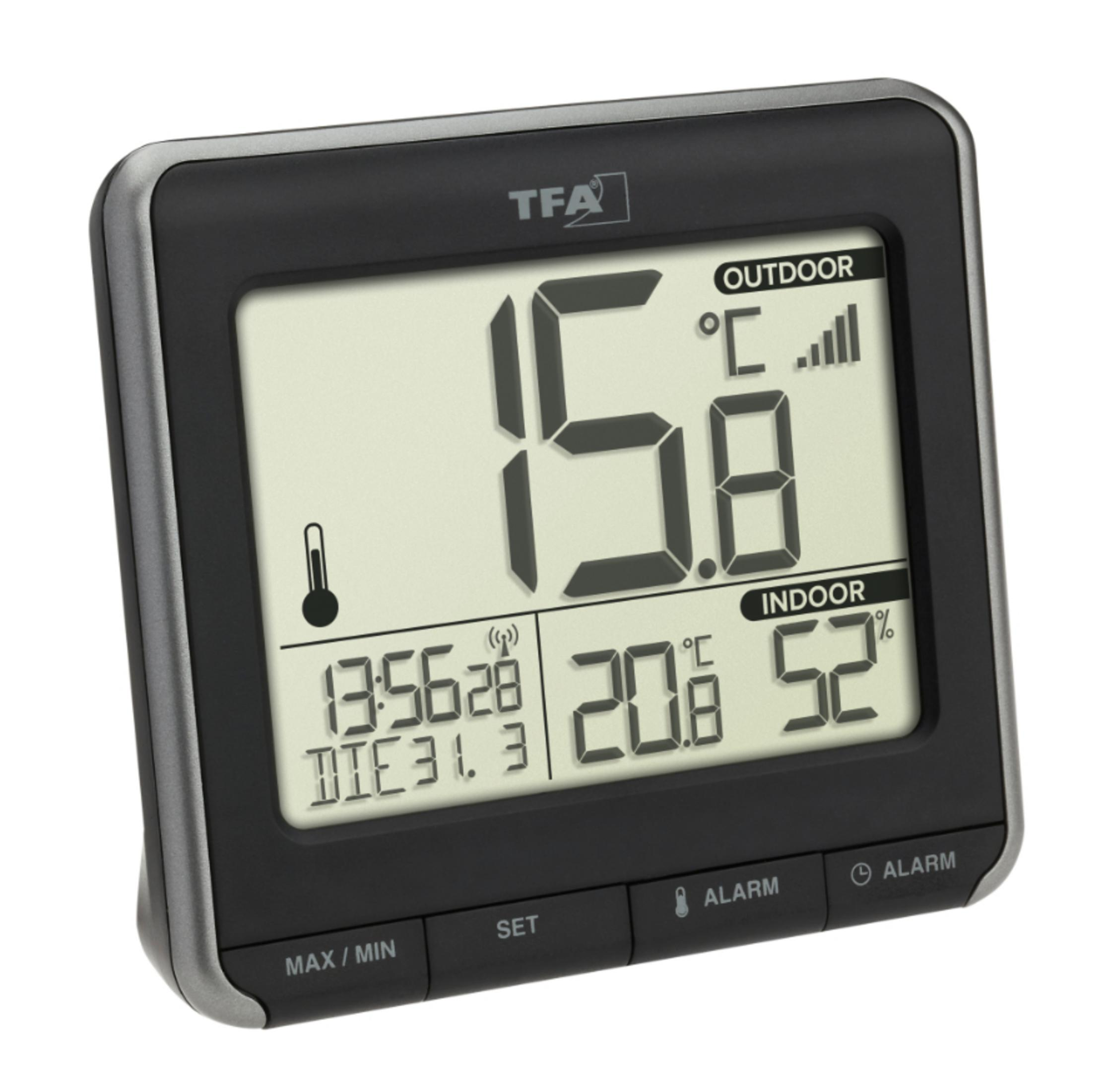 Digitales Thermometer mit Außen- und Innentemperaturanzeige. Schwarzer Rahmen und Knöpfe.
