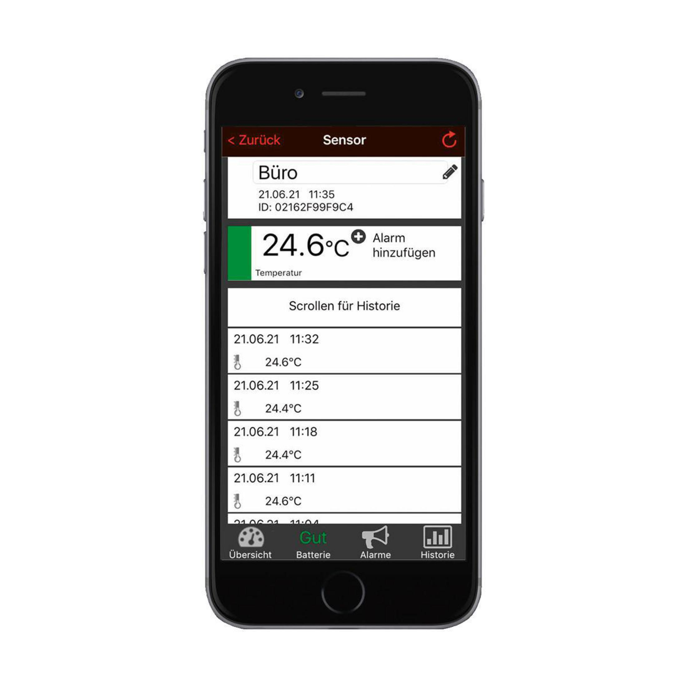 Smartphone zeigt Temperaturmess-App. Bildschirm zeigt Daten und Diagramme.