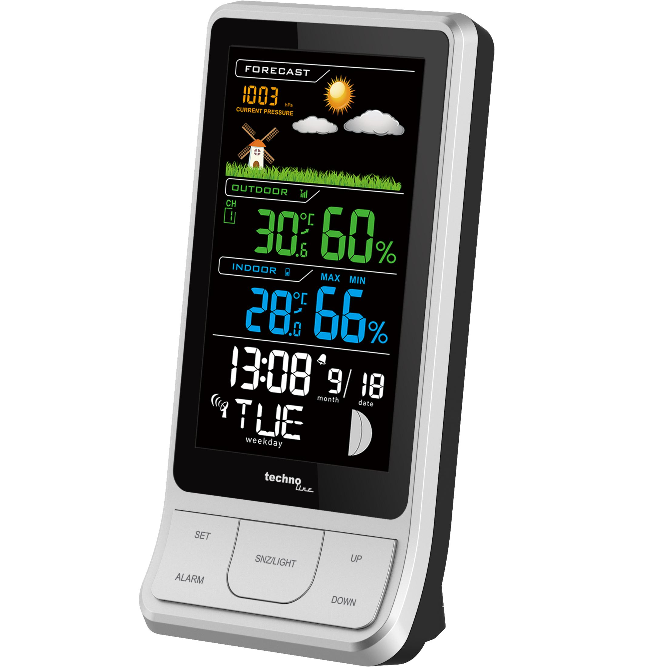 Digitale Wetterstation mit Wetterinformationen. Es hat einen schwarzen Bildschirm und einen weißen Rahmen.
