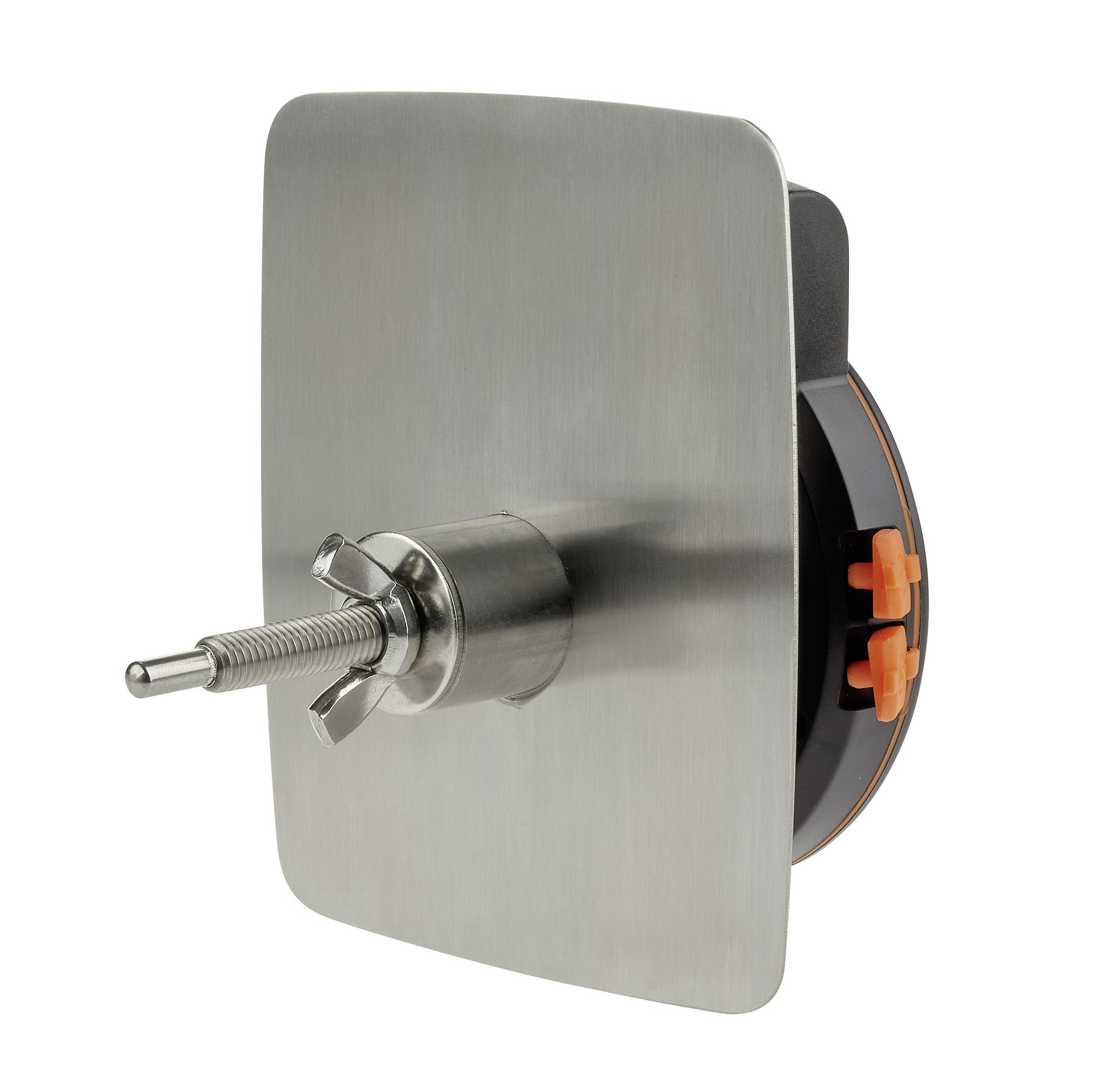 Ein Metallthermometer mit Schraube und Mutter zur Befestigung. Orange Details sichtbar.