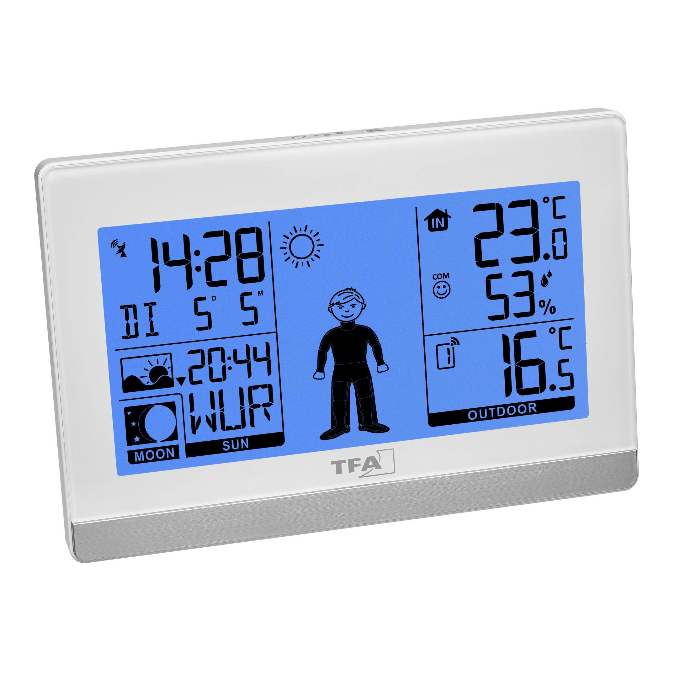 Digitale Wetterstation mit Anzeige von Uhrzeit, Datum und Temperatur.