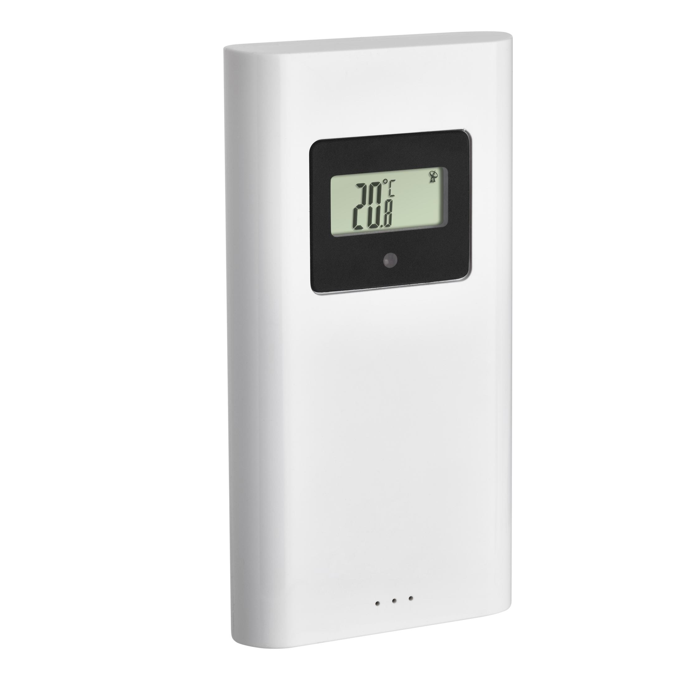 Weißes rechteckiges Gerät mit schwarzem Bildschirm, der 20,8 Grad Celsius und ein Schneeflockensymbol anzeigt.