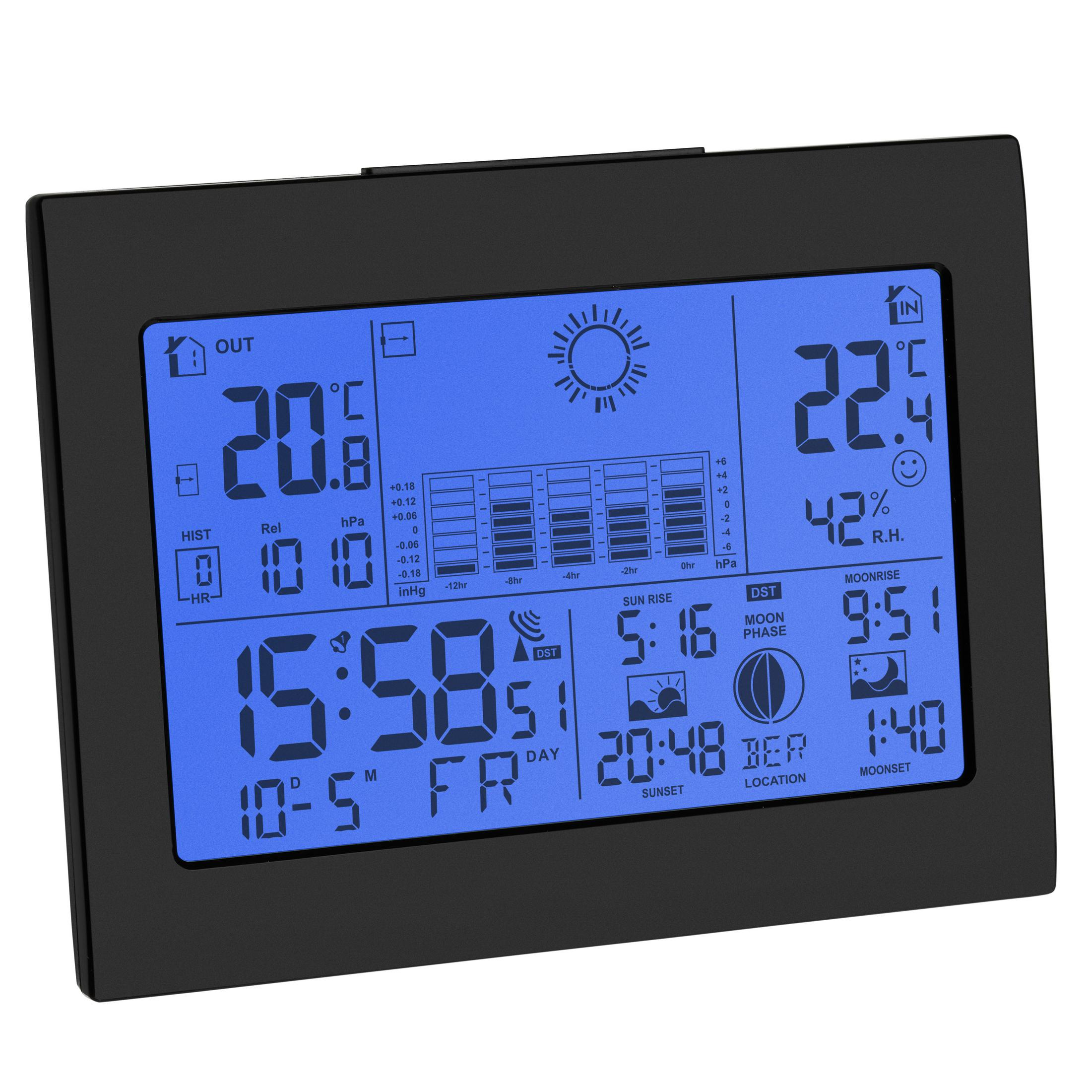Schwarze Wetterstation mit Temperatur-, Feuchtigkeits-, Zeit-, Sonnenaufgangs- und Sonnenuntergangsinfo.