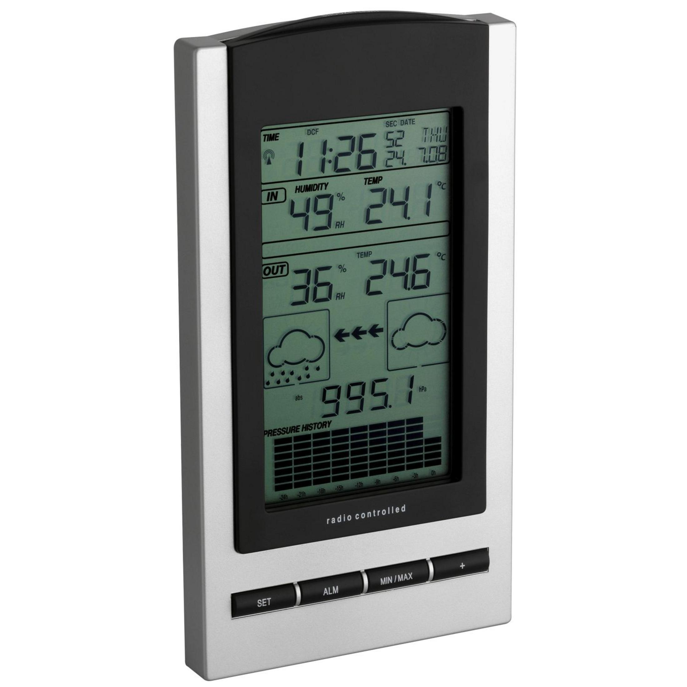 Cyfrowa stacja pogodowa, pokazująca czas, temperaturę, wilgotność.