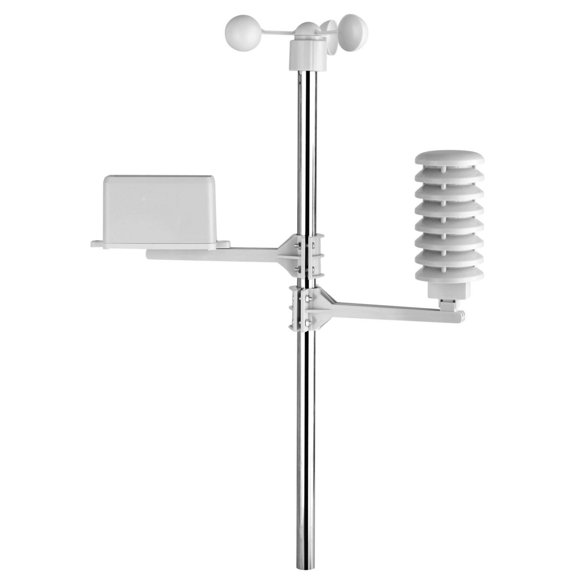 Weiße Wetterstation mit Anemometer, Windrichtung und Temperatursensor.