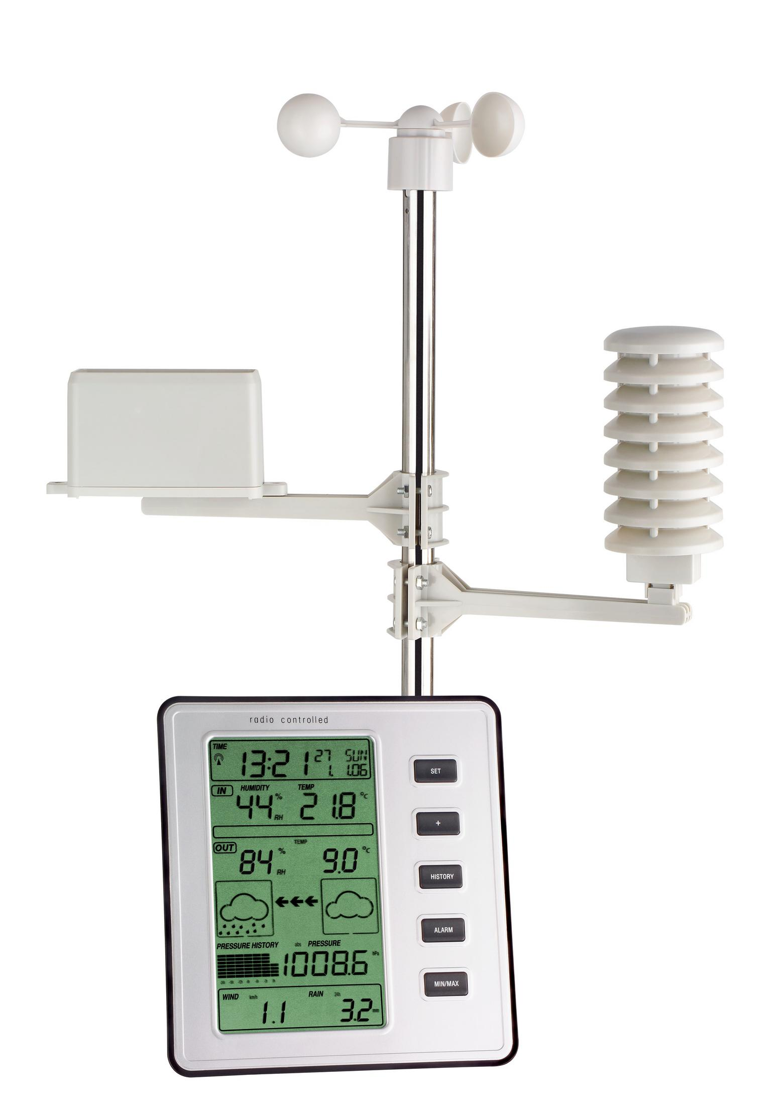 Weiße Wetterstation mit Display, Wind- und Regensensoren.