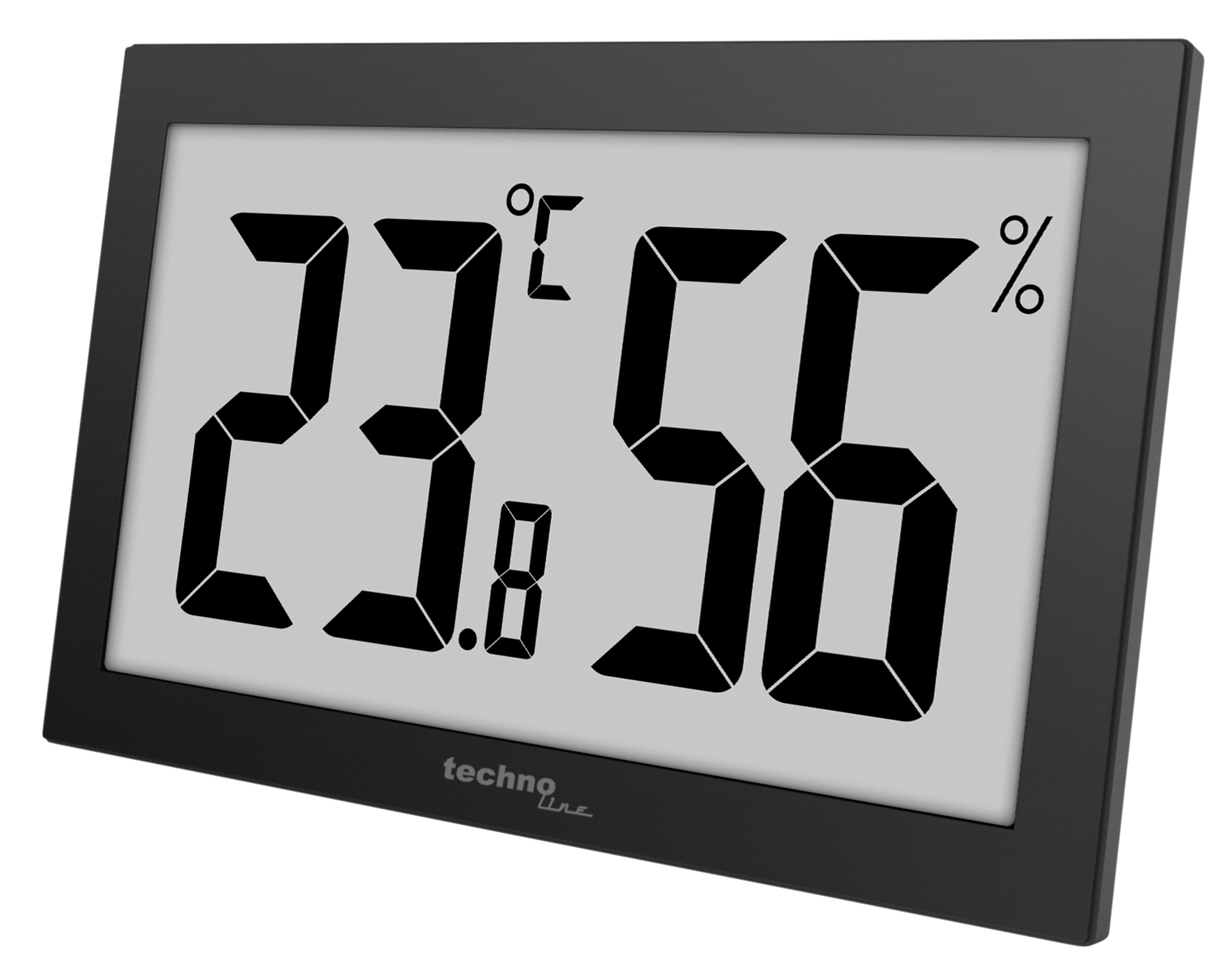 Digitales Thermometer zeigt 23,8 Grad Celsius und 56% Luftfeuchtigkeit.