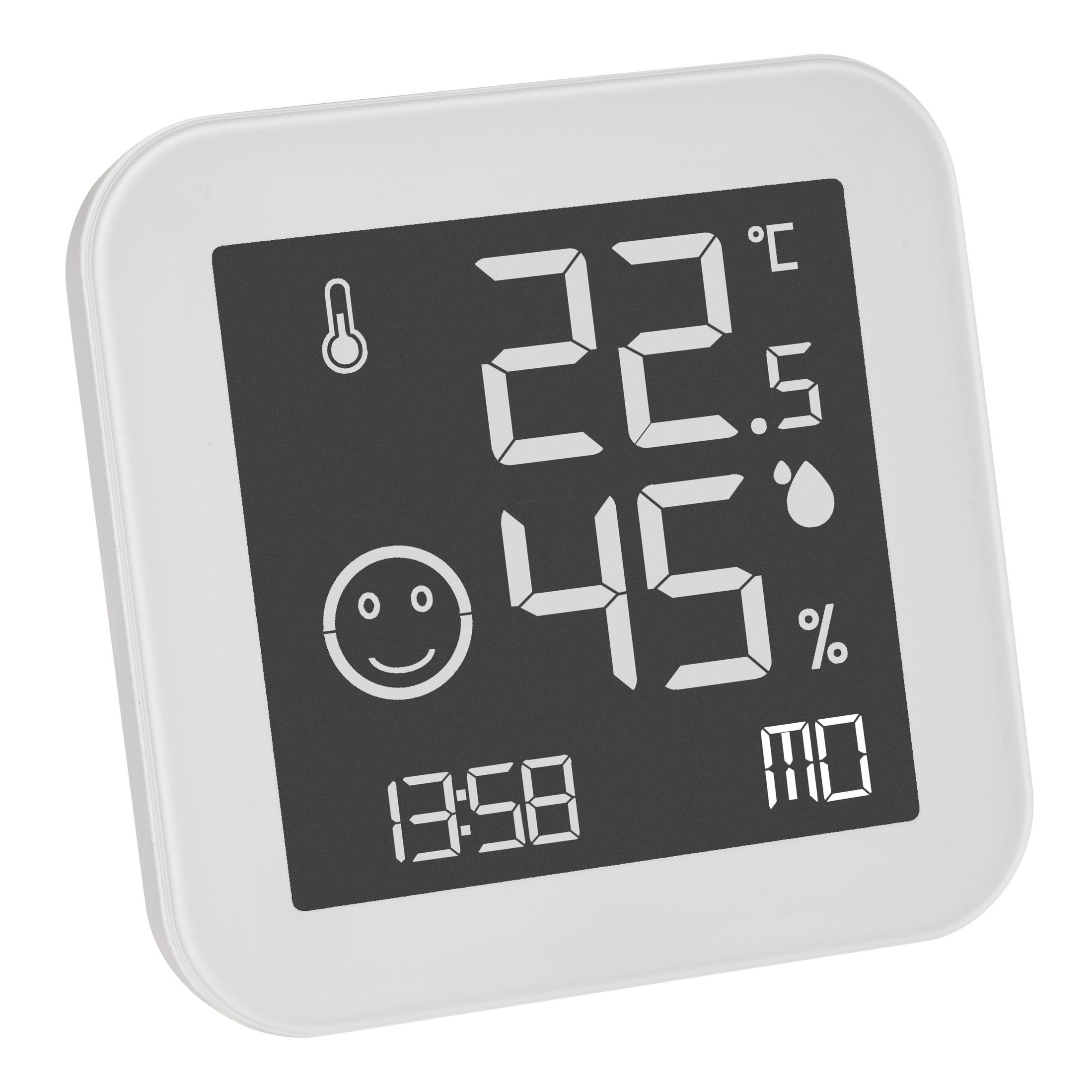 Weißes digitales Thermometer mit 22,5 Grad Celsius, 45 % Luftfeuchtigkeit und Uhrzeit.