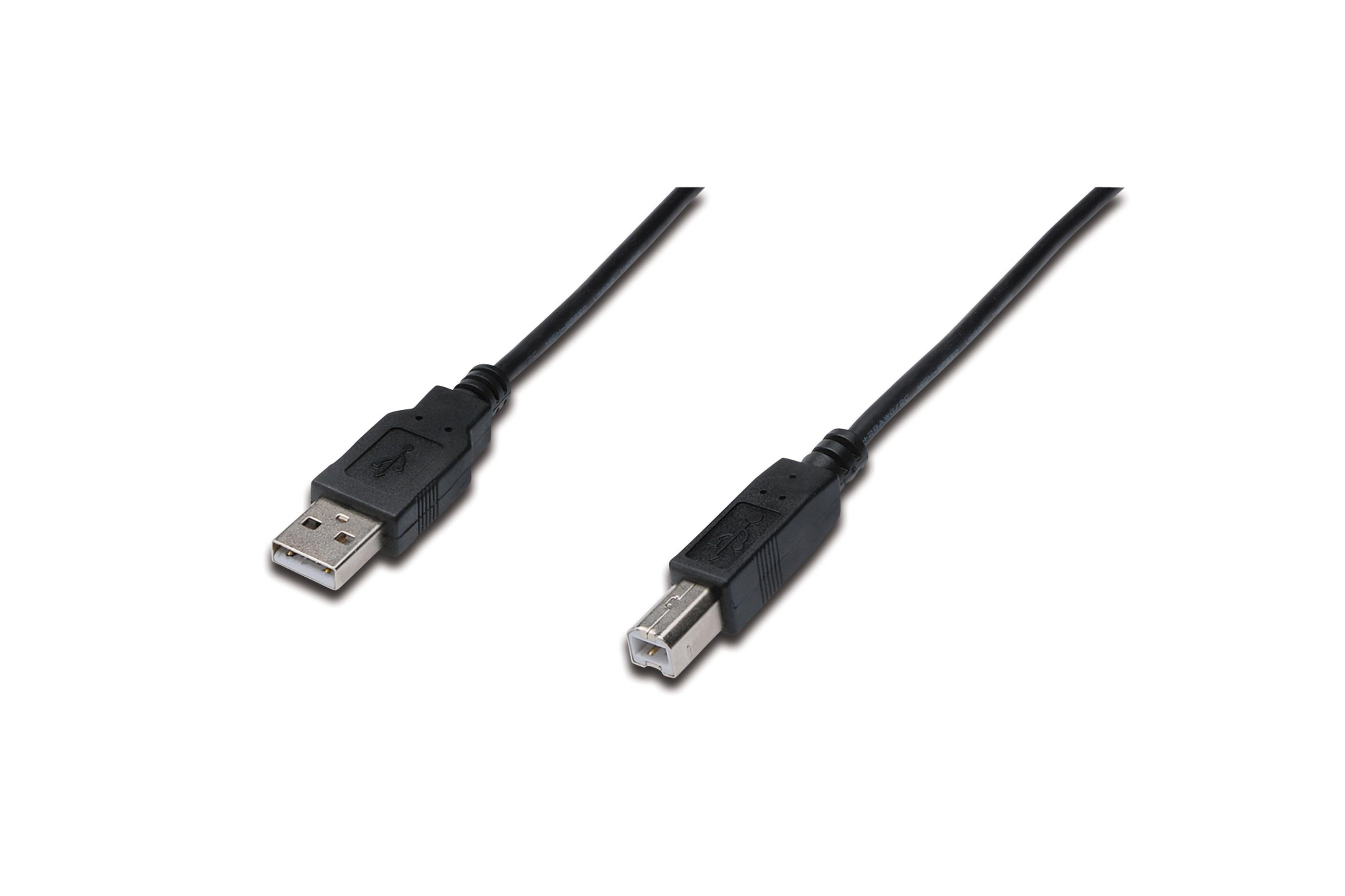 Deux câbles USB noirs avec connecteurs USB A et USB B sur fond blanc.