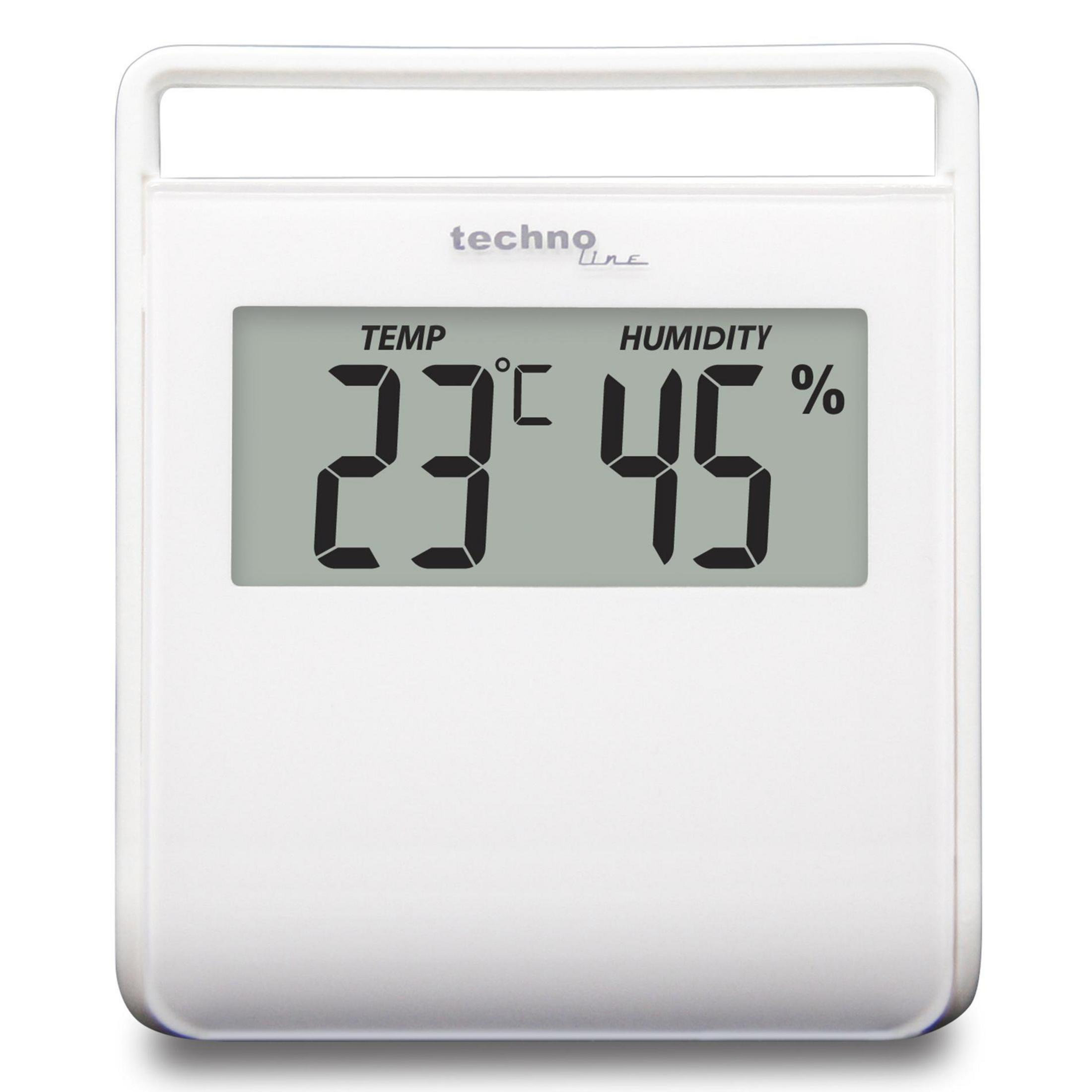 Biały termometr cyfrowy pokazujący 23°C i 45% wilgotności. 'technoline' jest wydrukowane na górze.