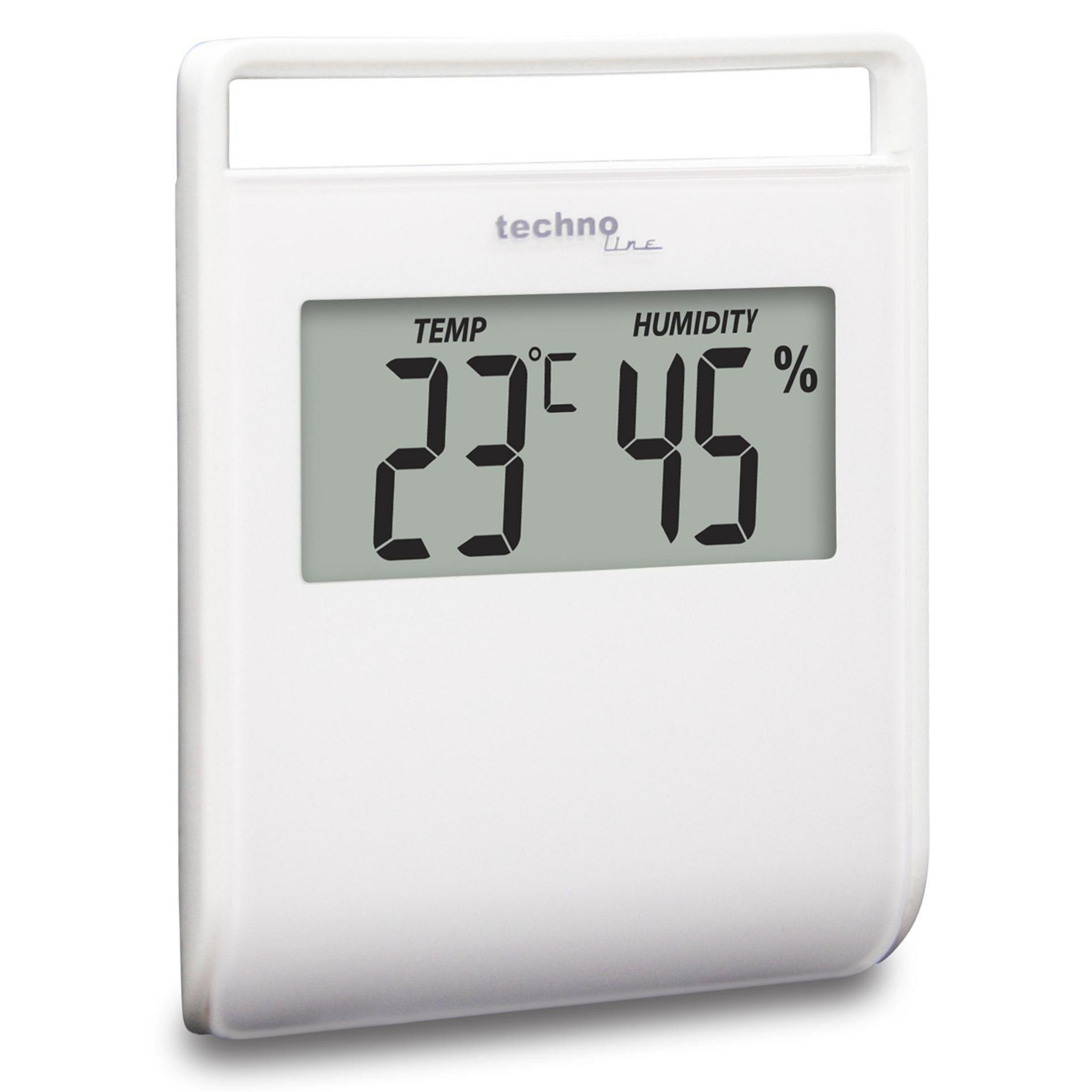 Biały termometr cyfrowy pokazujący 23°C i 45% wilgotności. Urządzenie na białym tle.