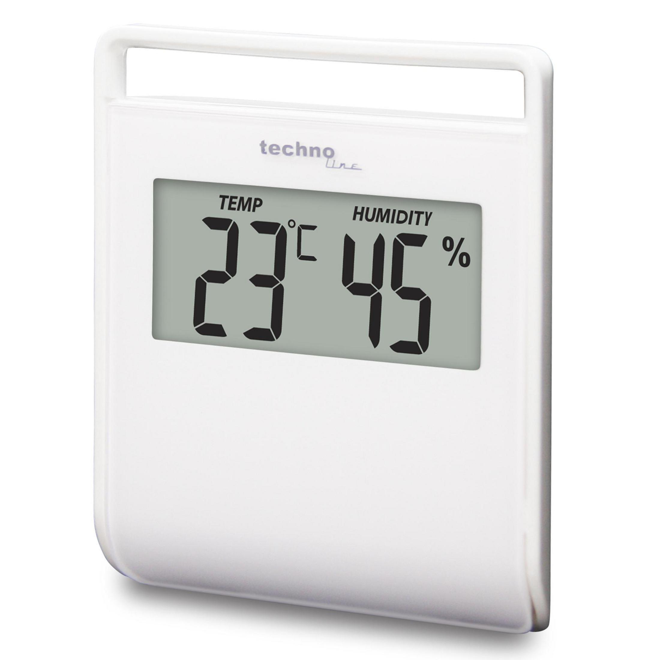 Biały termometr cyfrowy pokazujący temperaturę i wilgotność. Uchwyt u góry. Białe tło.