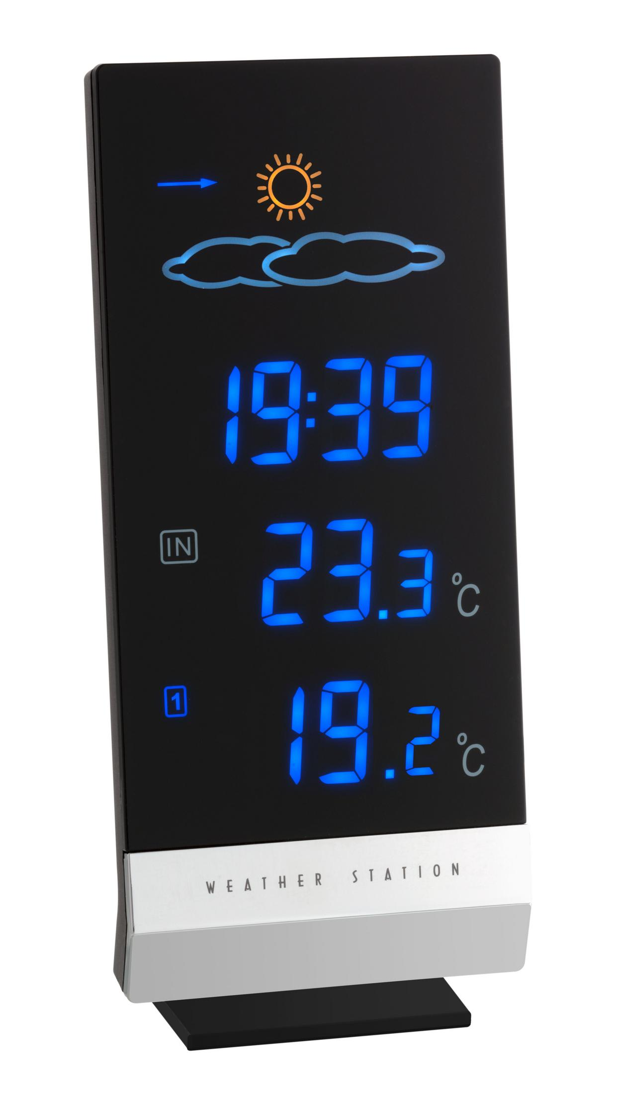 Schwarze Wetterstation. Zeigt Zeit, Temperatur und Wettervorhersage-Symbole in Blau an.