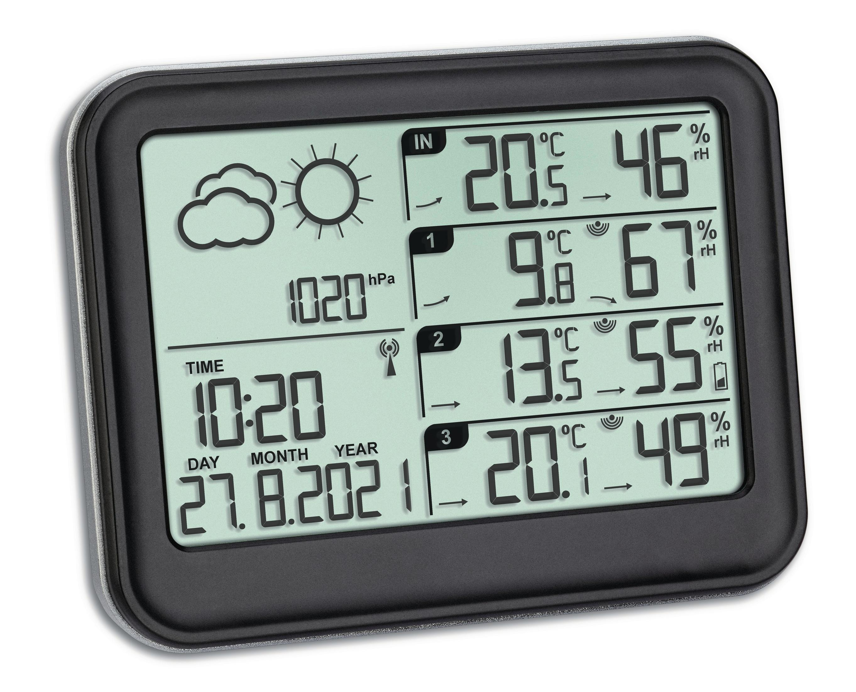 Eine digitale Wetterstation-Anzeige mit Temperatur, Luftfeuchtigkeit und Uhrzeit in einem schwarzen Rahmen.