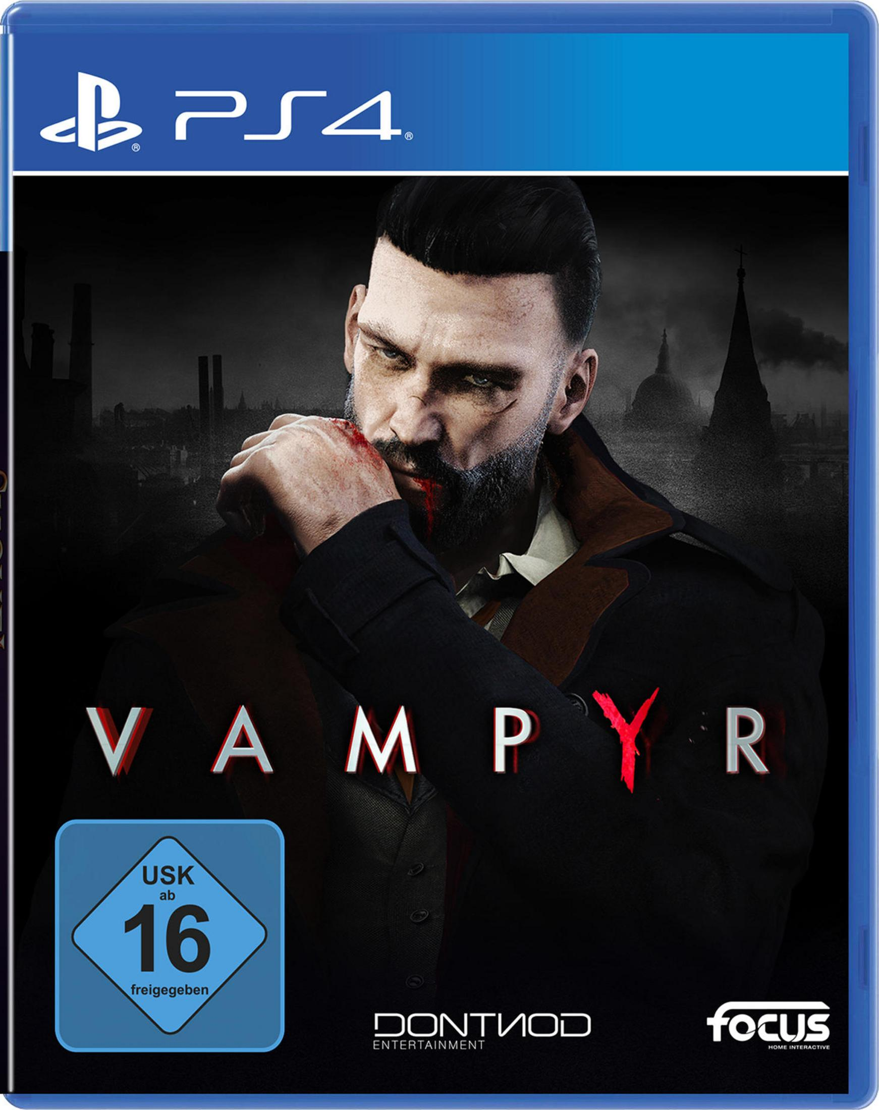 PS4-Spielcover: Ein Mann mit Blut im Gesicht, Titel VAMPYR, und das PS4-Logo.
