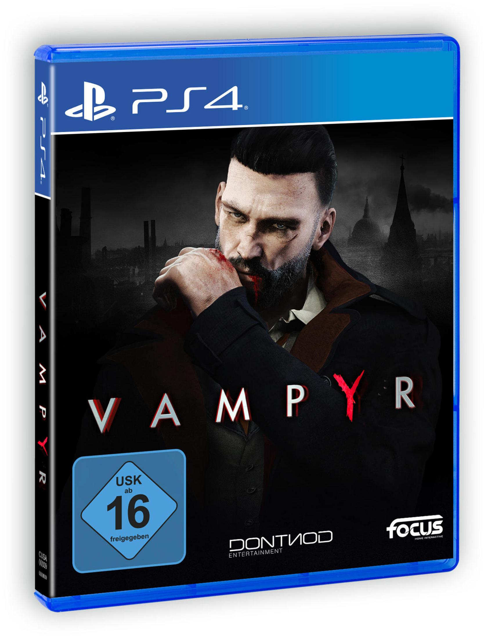 Spielbox von Vampyr PS4. Ein Mann mit Blut im Gesicht ist auf dem Cover.