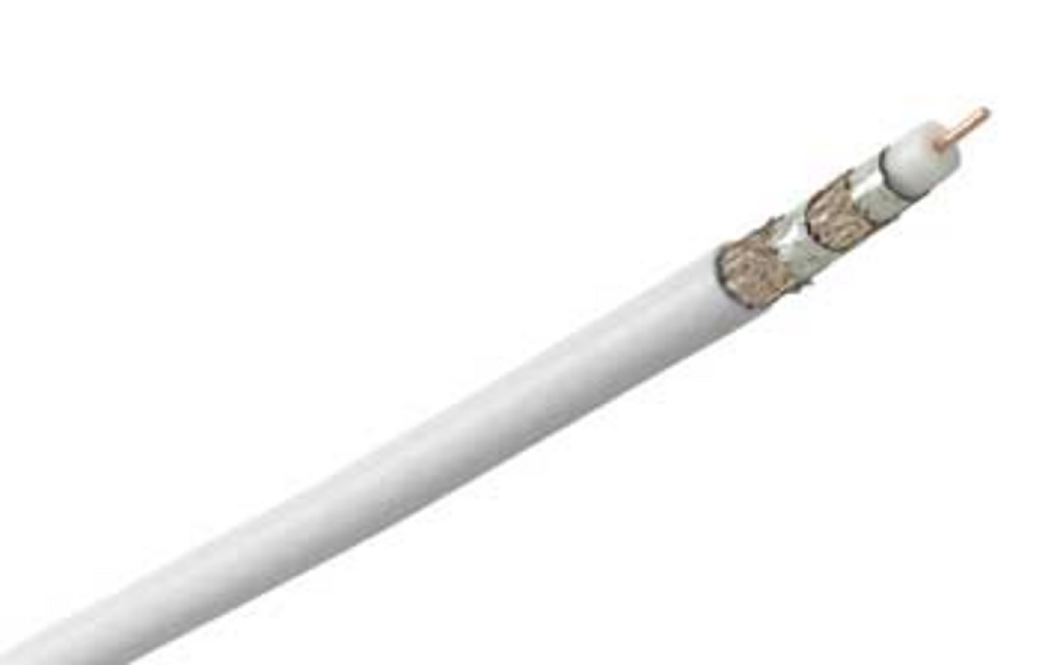 Ein weißes Koaxialkabel mit einem silbernen Stecker am Ende.