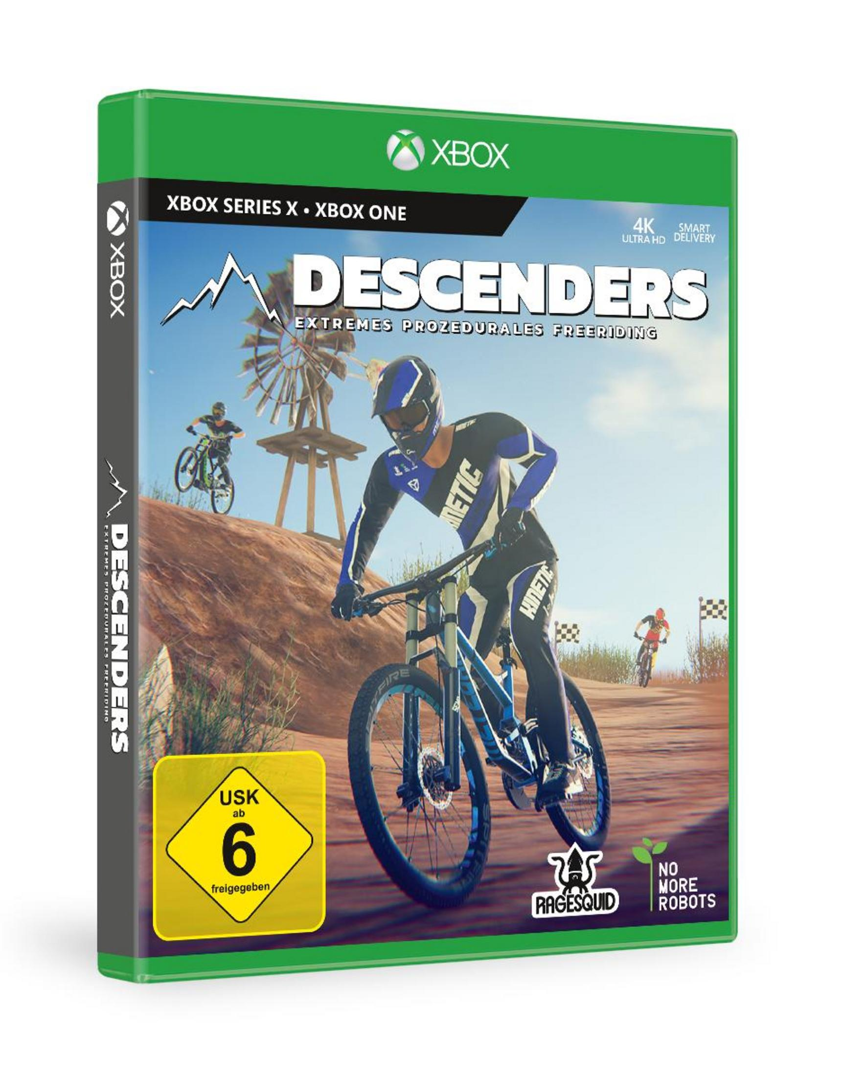 Spielverpackung für Descenders, mit Mountainbiker auf dem Cover, Xbox Series X + Xbox One.