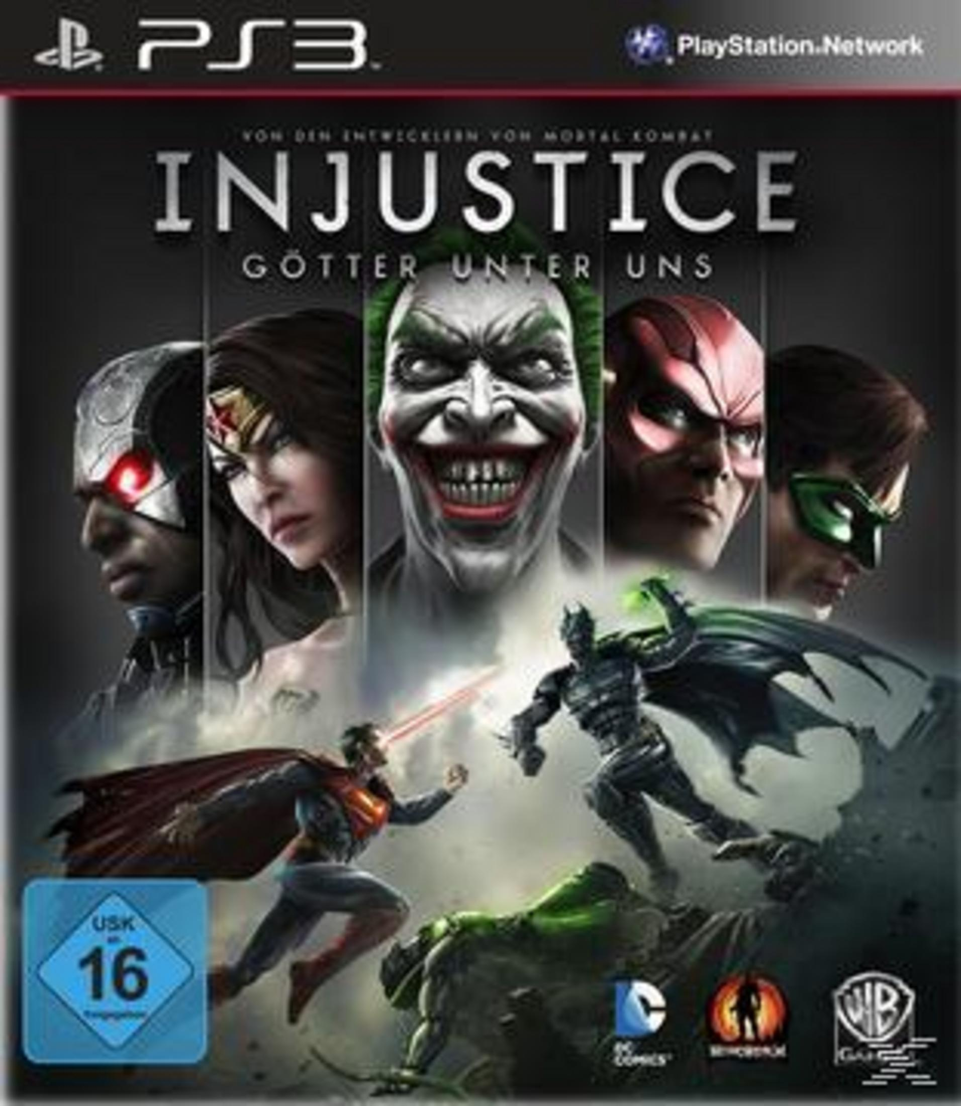PS3-Spielcover, Injustice: Götter unter uns, mit Charakteren wie Joker, Superman und Batman.