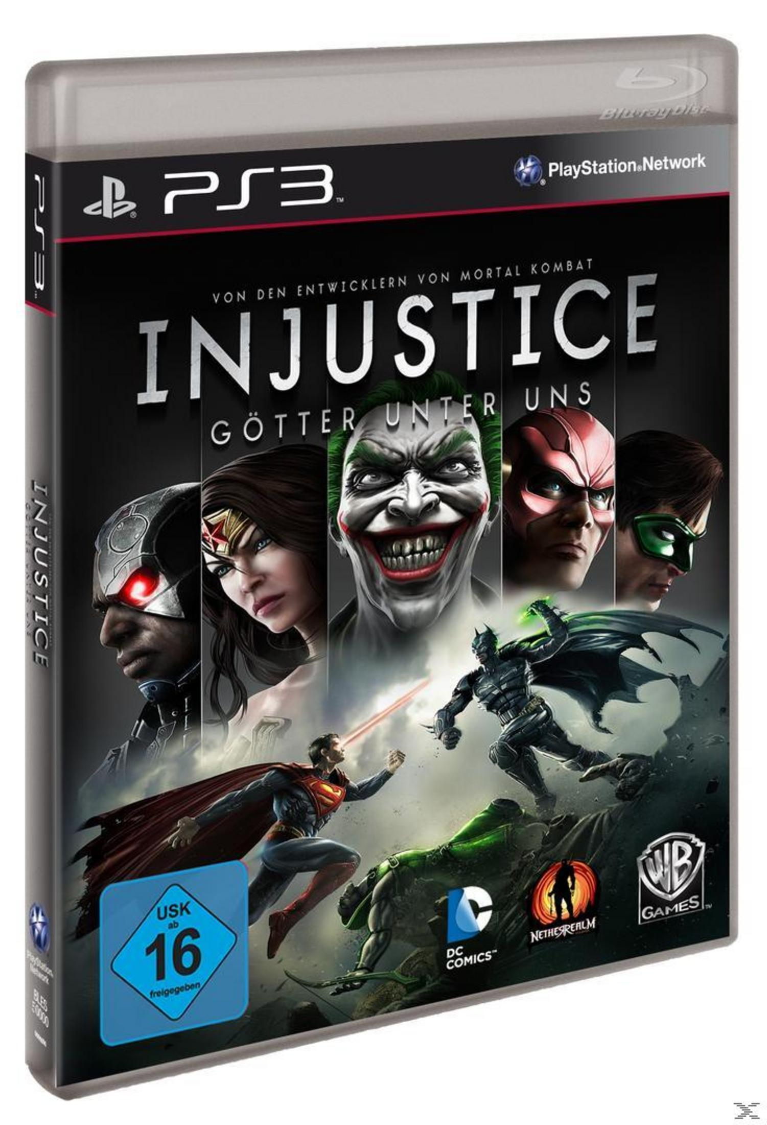Injustice: Gods Among Us PS3-Spielcover mit Charakteren. Schwarze, rote und blaue Farben. Weißer Hintergrund.
