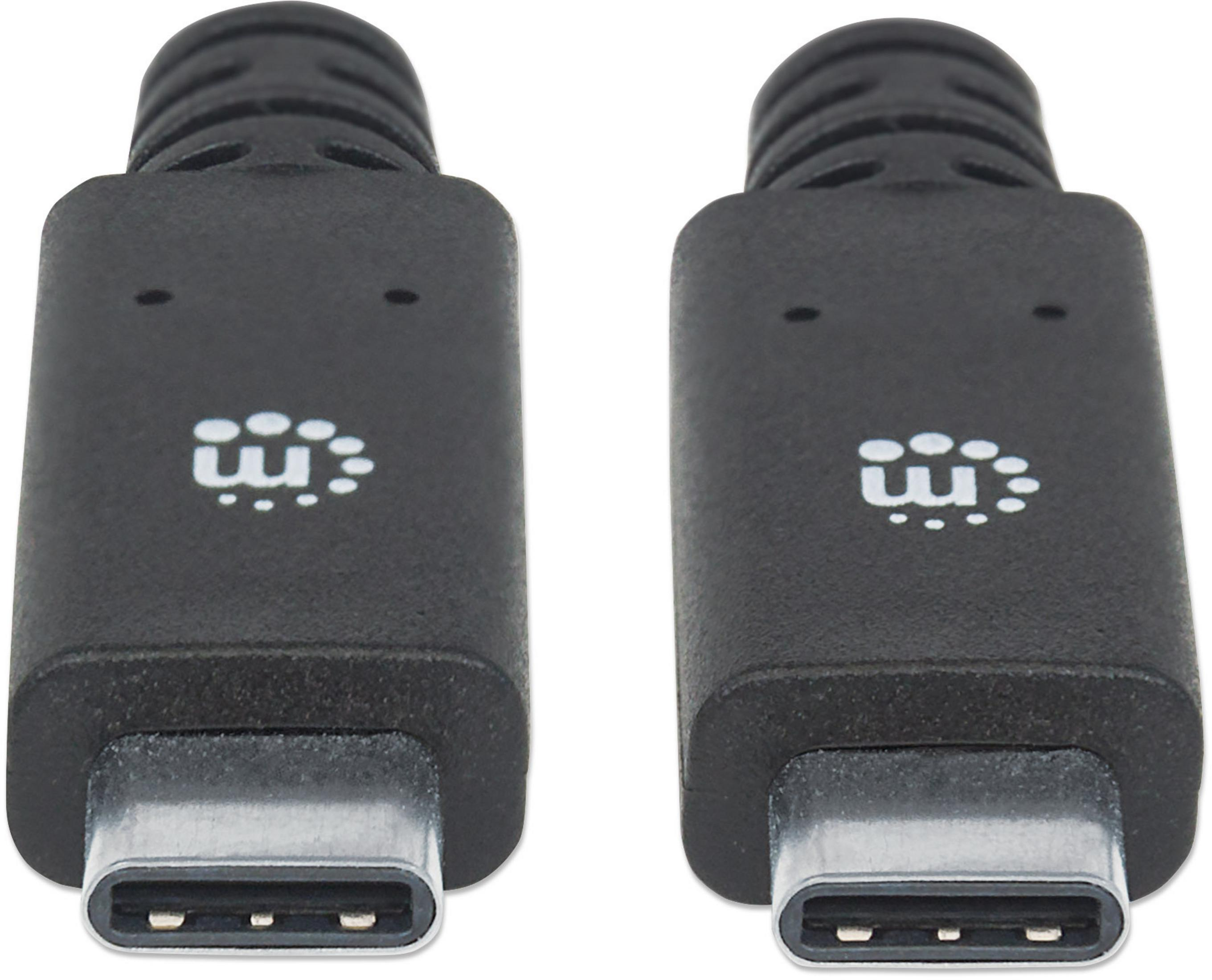 Due cavi USB-C neri. Sfondo bianco. Entrambi i cavi hanno lo stesso logo.