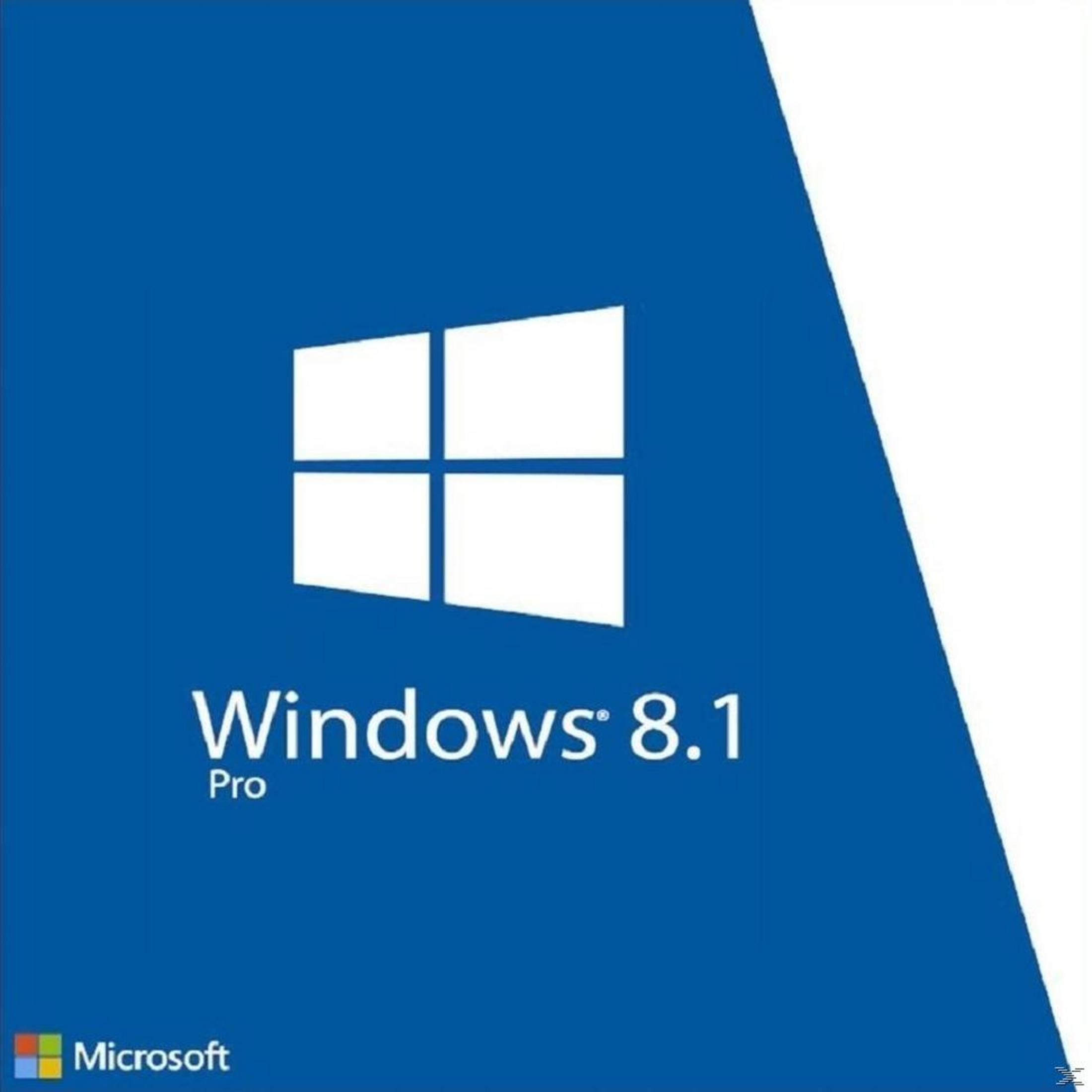 Windows 8.1 Pro Box mit blauem Hintergrund und weißem Windows-Logo. Microsoft-Logo unten.