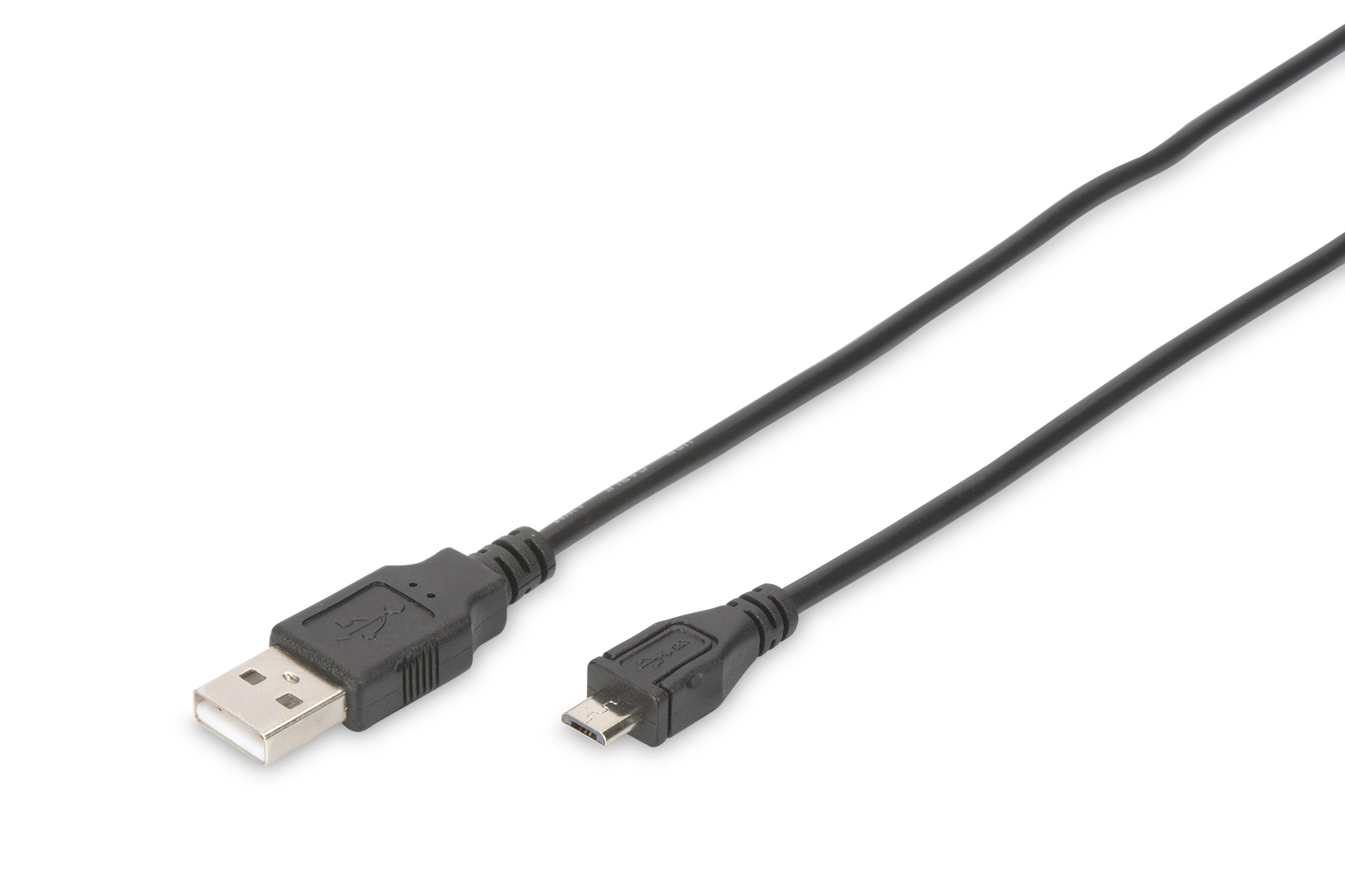 Un cavo USB nero con connettori USB e micro USB su sfondo bianco.