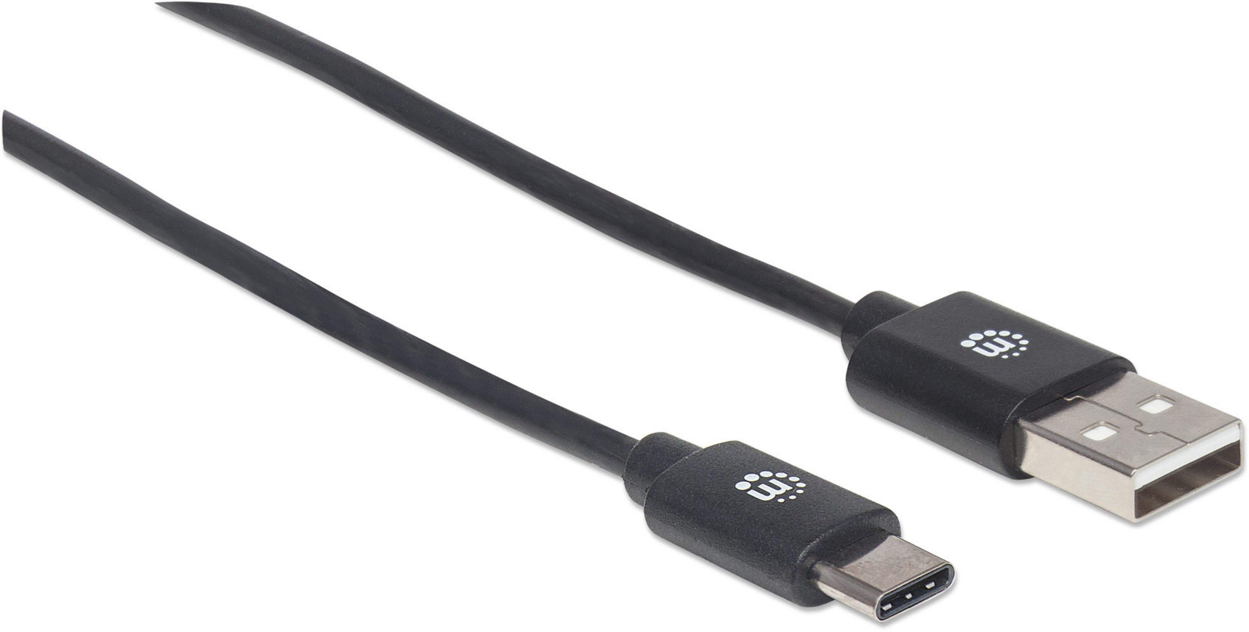 Cavo nero USB-C a USB-A. Connettore USB-C a sinistra, USB-A a destra.