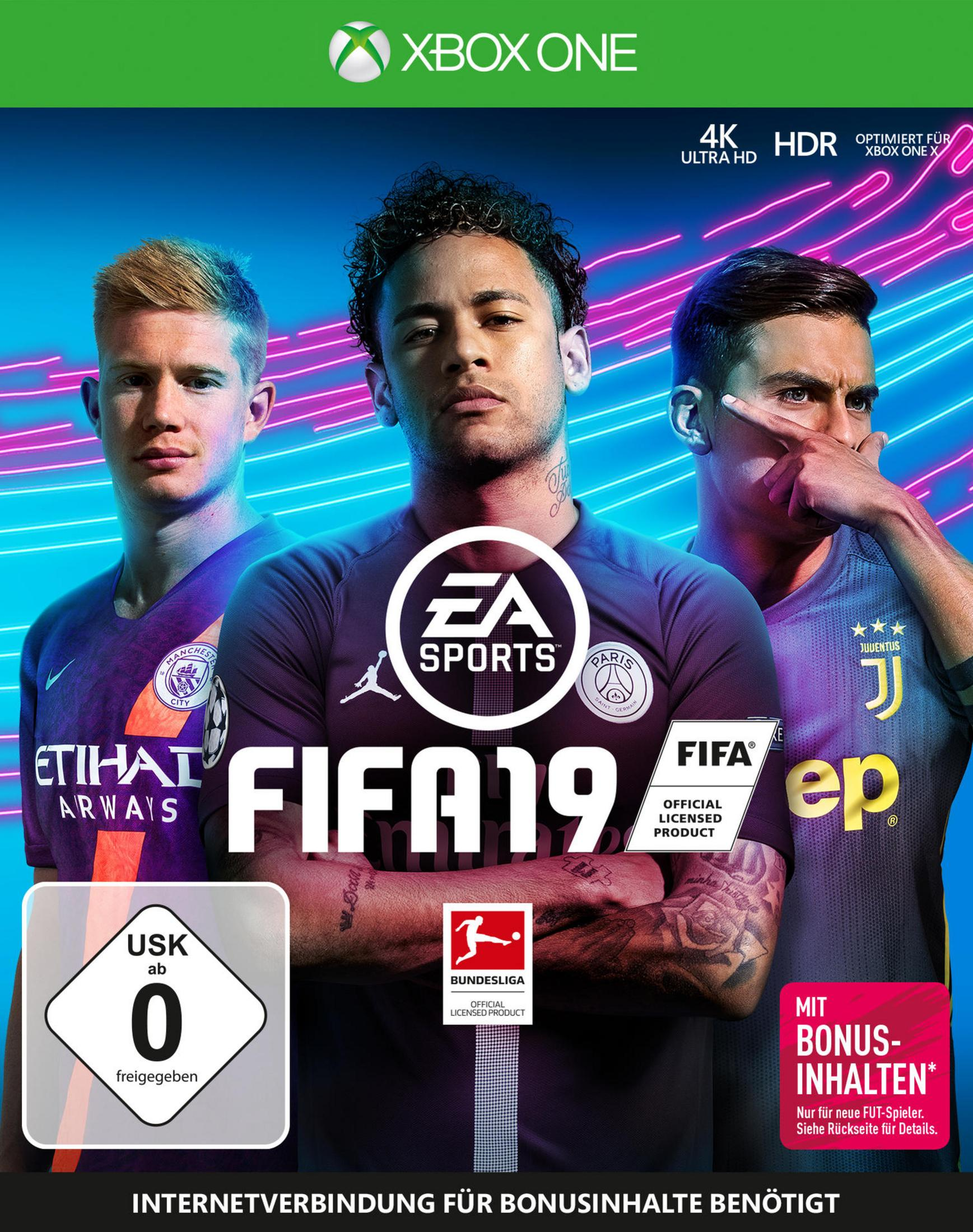 FIFA 19-Spielcover mit drei Fußballspielern, Spieldetails und einem Xbox One-Logo.