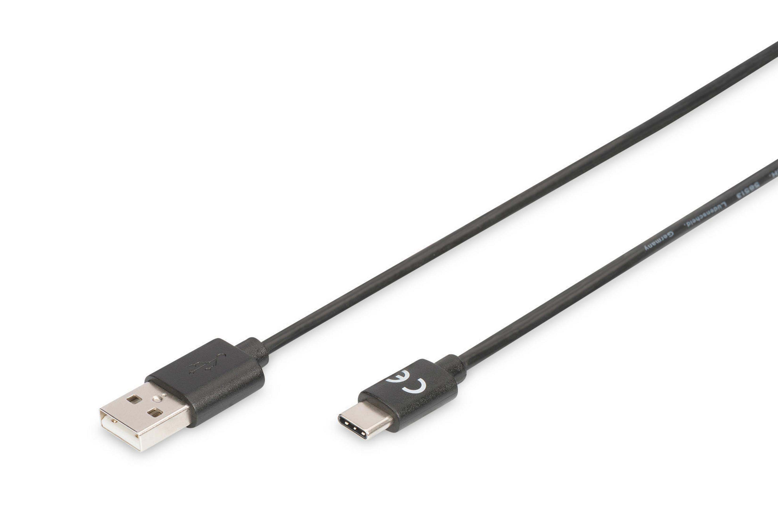 Câble USB vers USB-C noir. Les connecteurs sont à chaque extrémité, le câble est droit.
