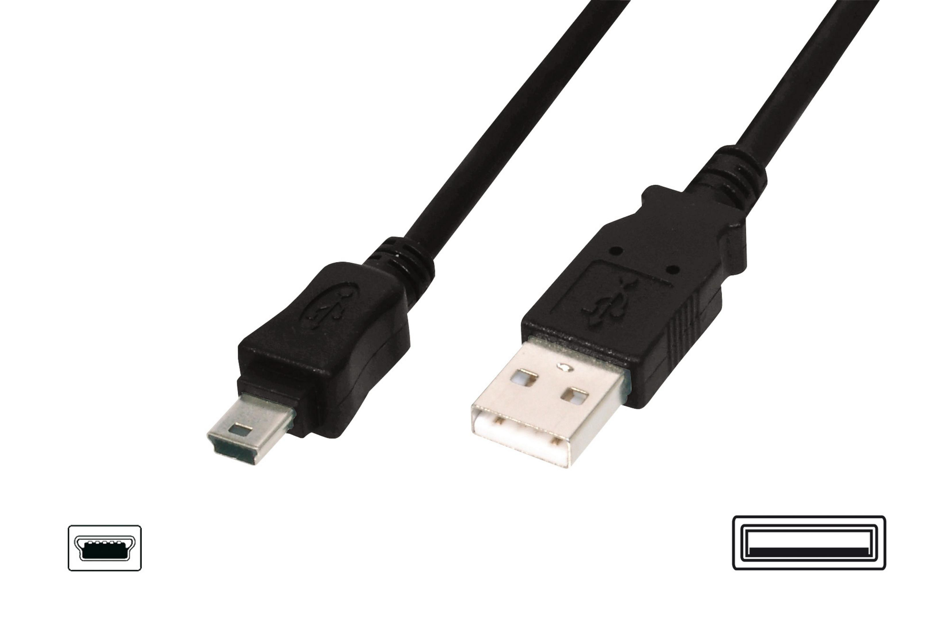 Zwarte USB naar mini-USB kabel. Eén uiteinde is USB, de andere mini-USB. Witte achtergrond.