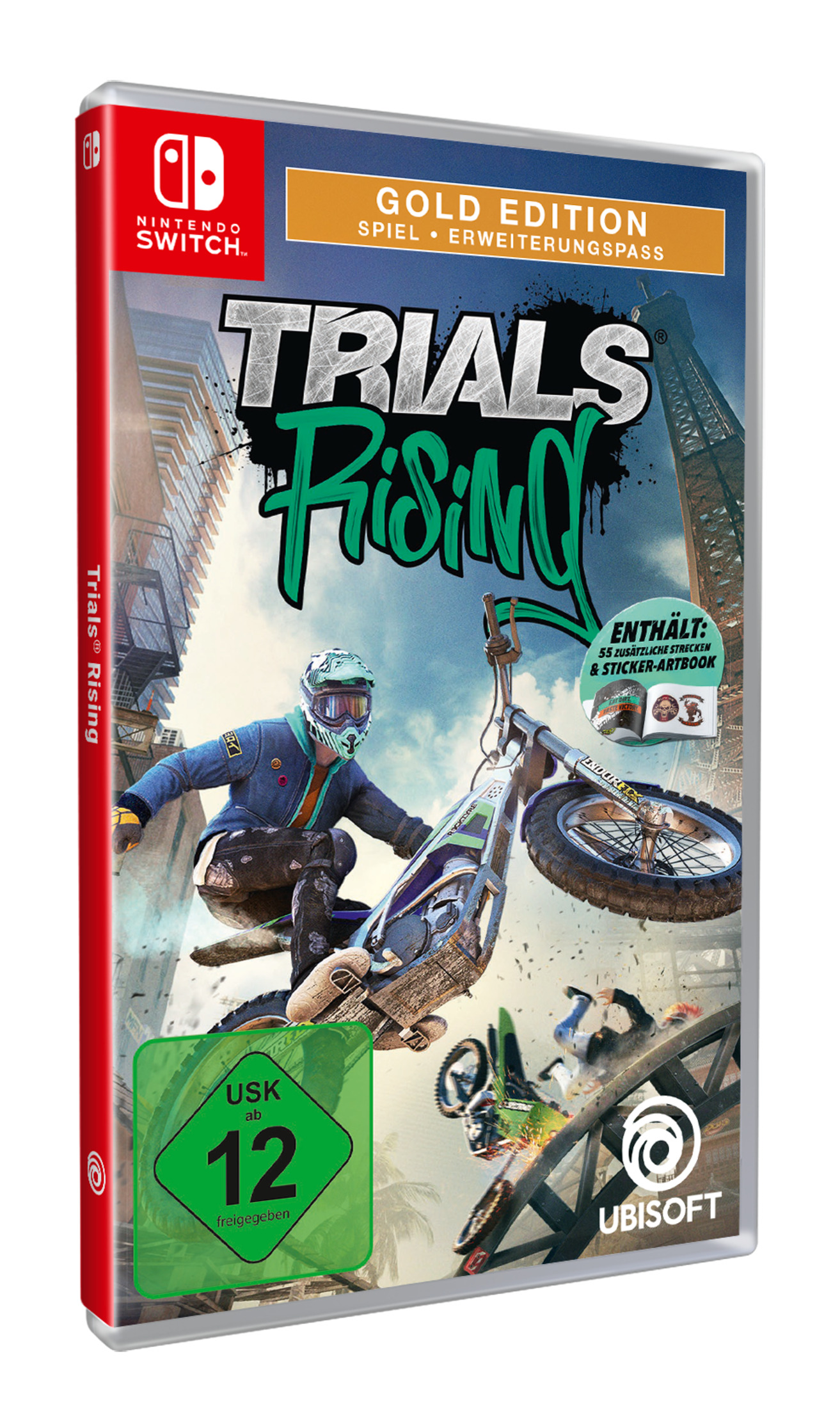 Nintendo Switch Spielbox, Trials Rising Gold Edition, mit einem Biker auf dem Cover.