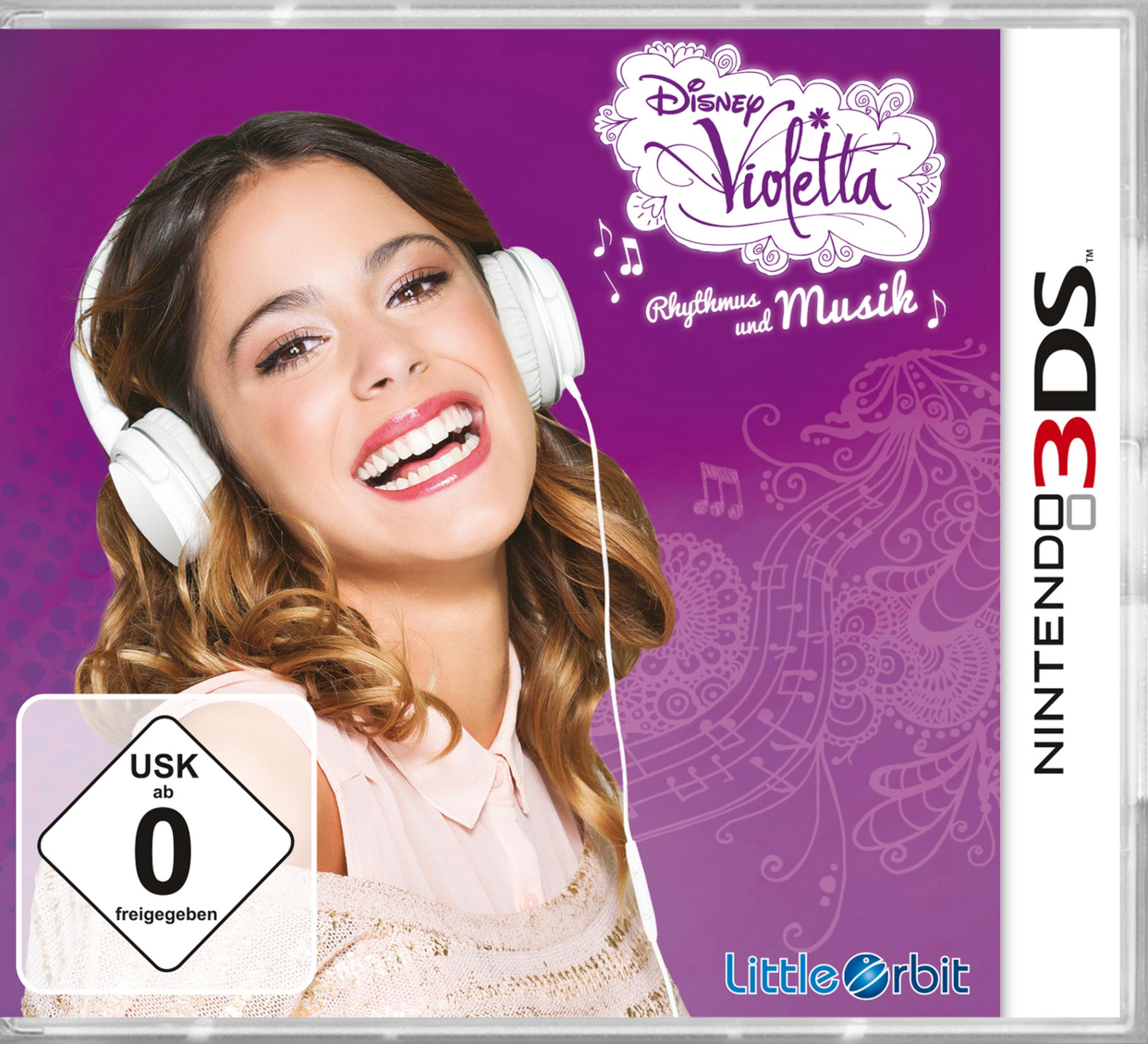 Spielbox für das Nintendo 3DS Spiel Disney Violetta. Ein Mädchen mit Kopfhörern auf dem Cover.
